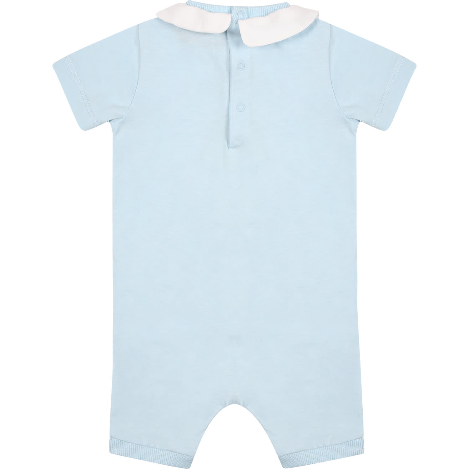 Shop Moschino Light Blue Romper For Baby Boy With Teddy Bear And Logo