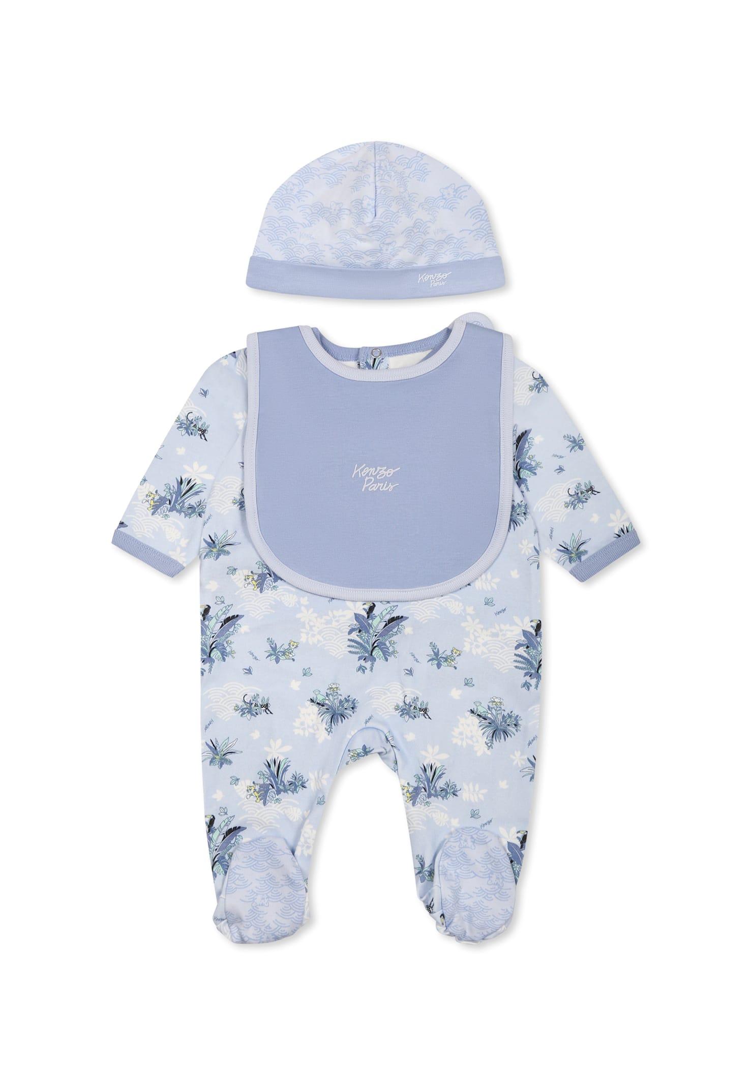 Kenzo Light Blue Babygrow Set For Baby Boy With Jungle Print In Light Blue