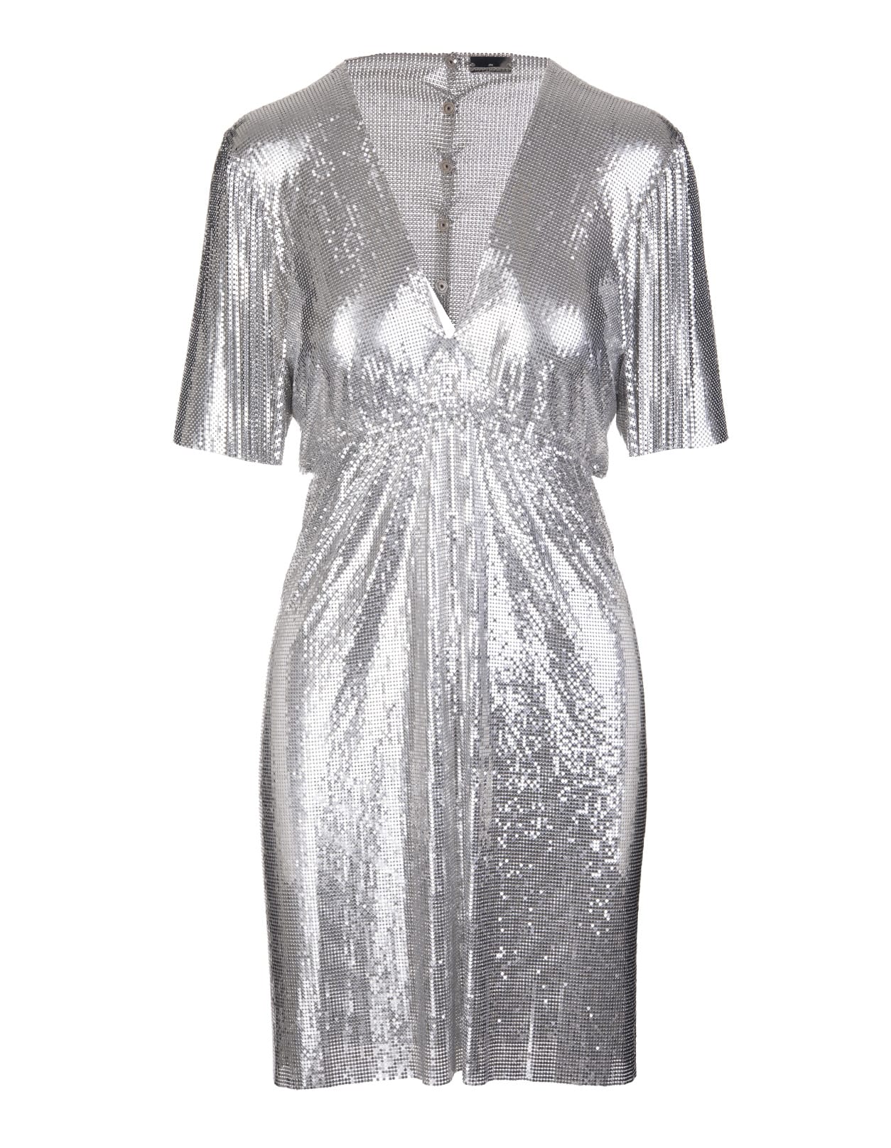 Paco Rabanne Short Dress In Silver Metallic Knit With V-neck