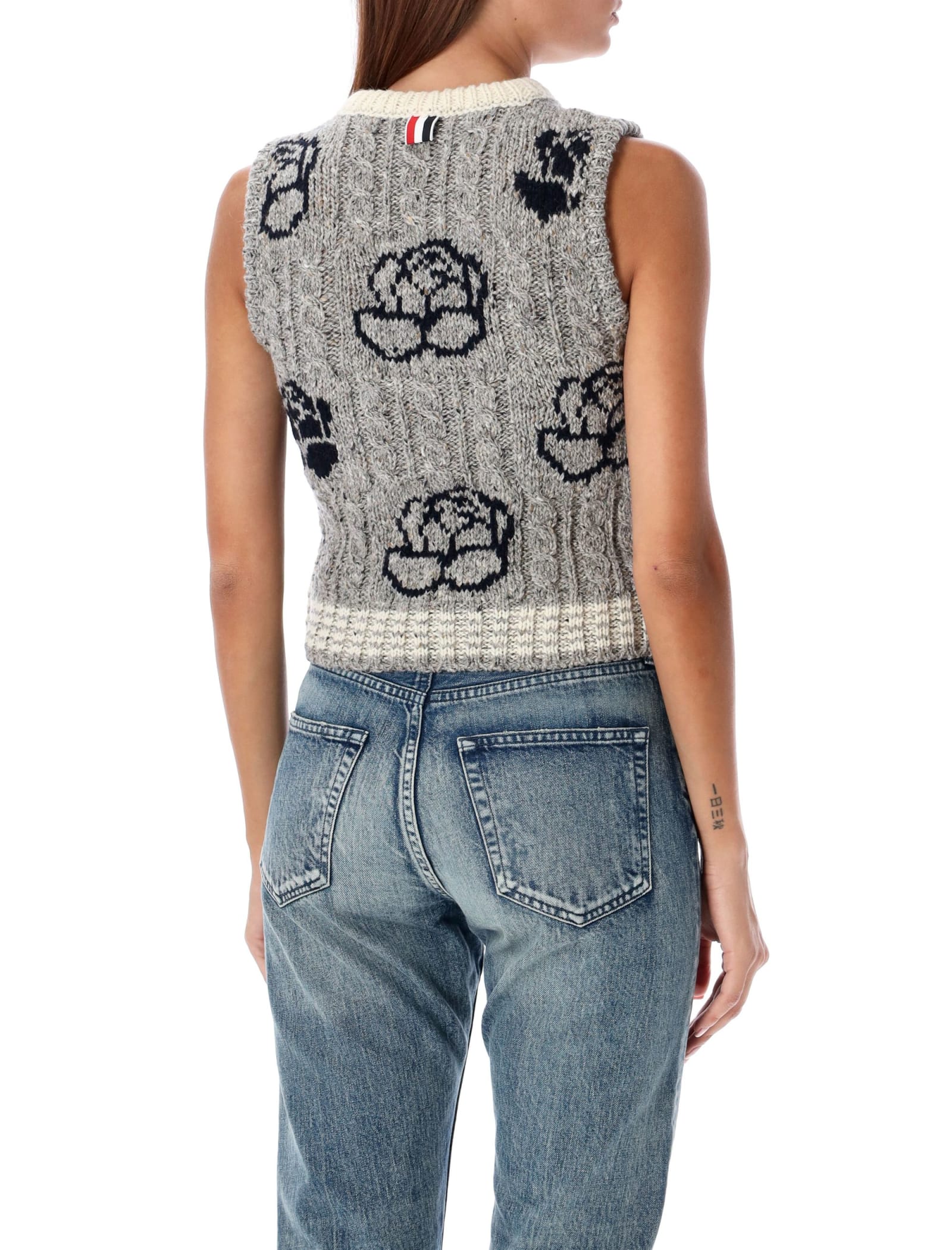 Shop Thom Browne Cropped Rose Intarsia Knit In Lt Grey