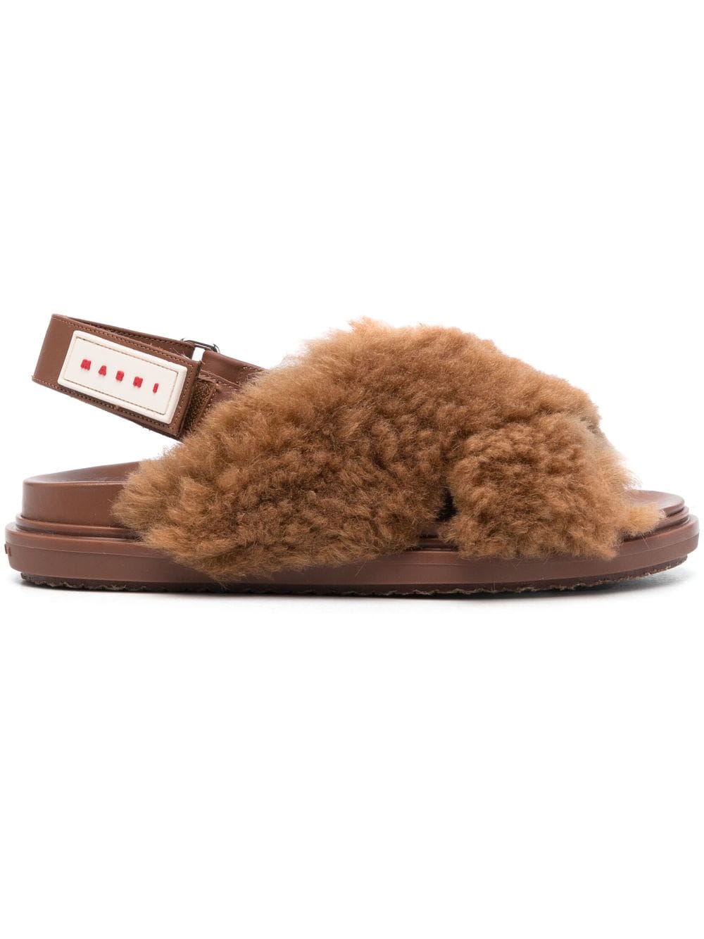 Shop Marni Fussbett Crisscross Sandal Monochrome In Shearling With Logo Back Strap In Caramel