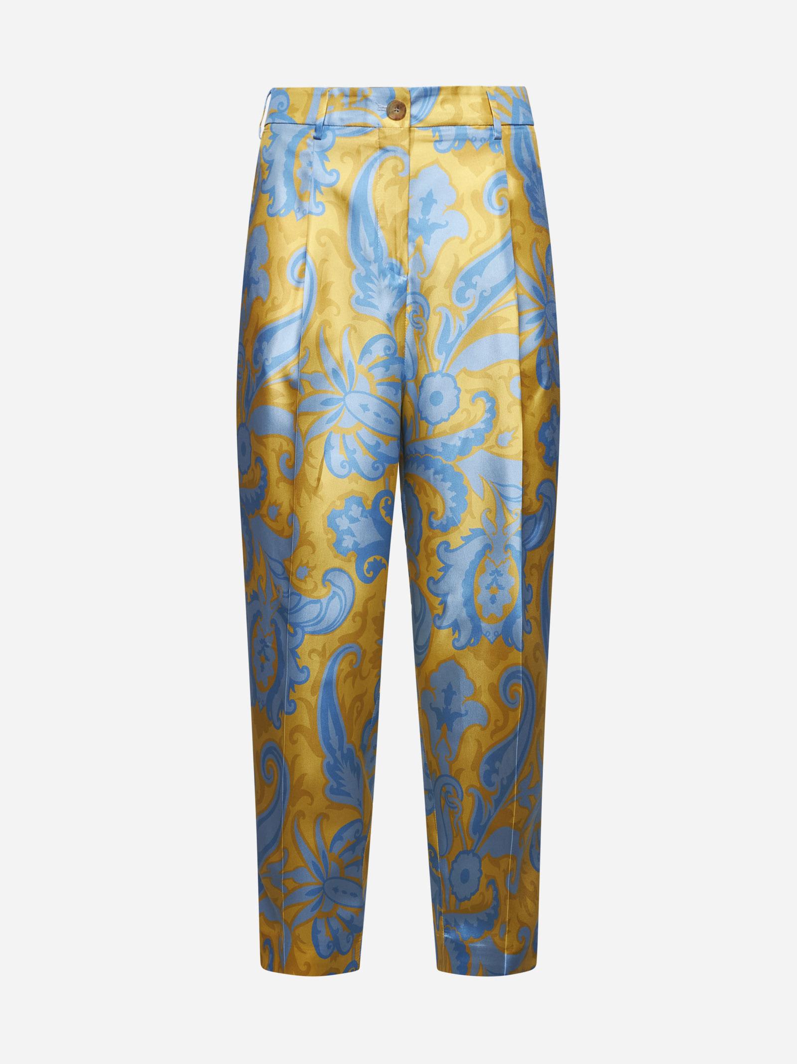 Etro Silk Twill Tailored Trousers With Floral Paisley Print In Multicolour