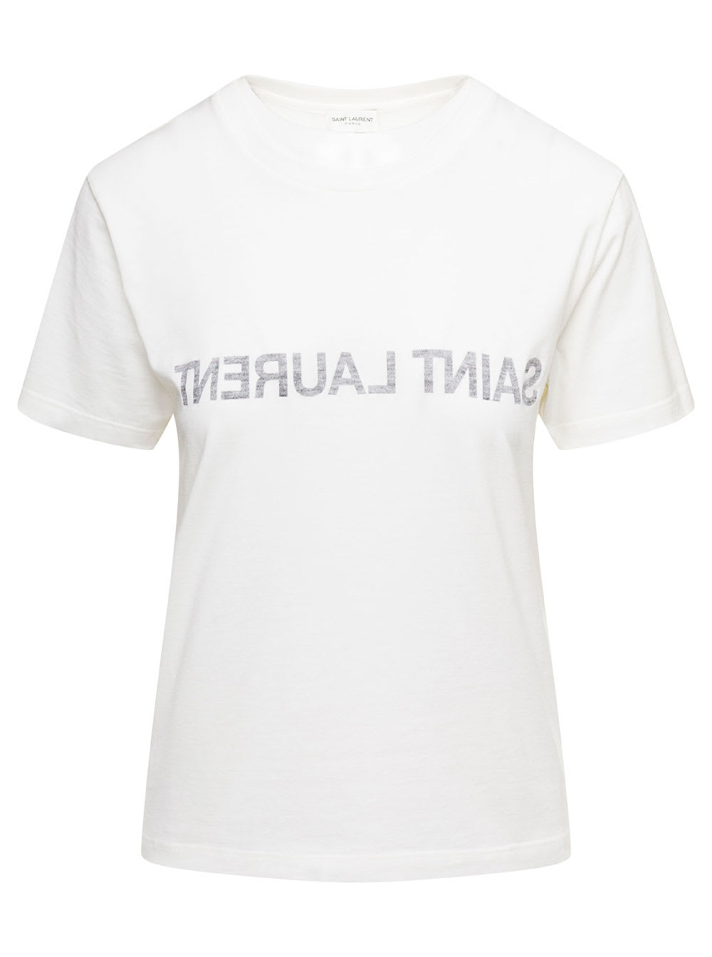 Saint Laurent White Crewneck T-shirt With Reverse Logo In Cotton Woman