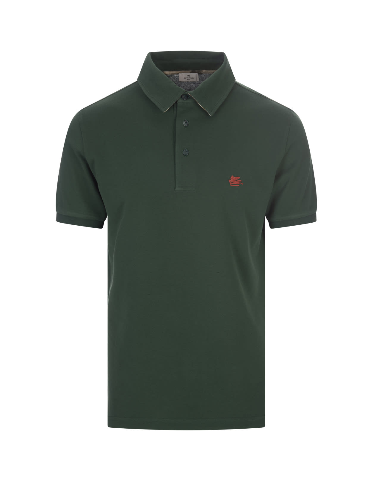 ETRO GREEN POLO SHIRT WITH LOGO AND PAISLEY UNDERCOLLAR