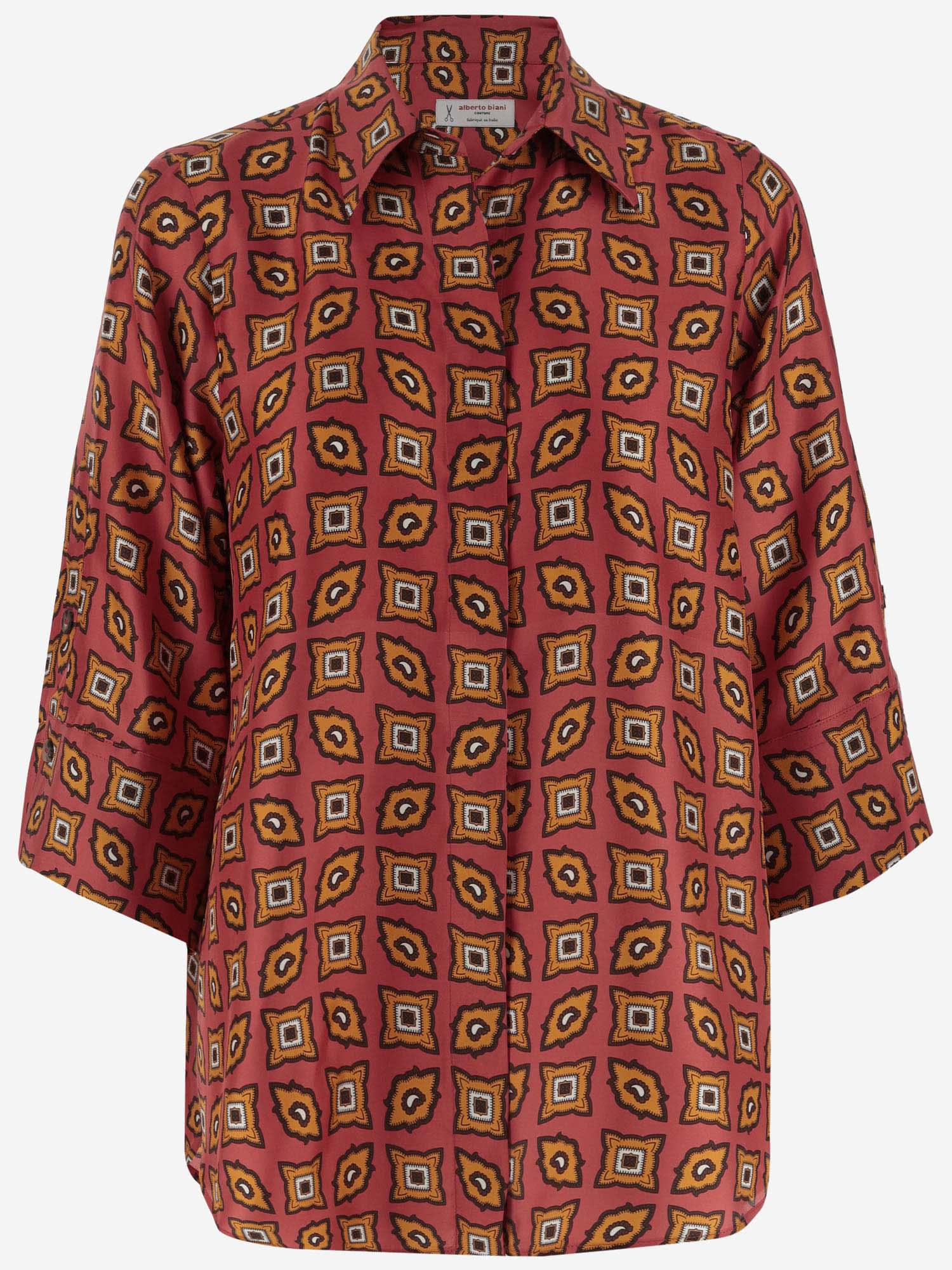 Shop Alberto Biani Silk Shirt With Geometric Pattern In Coral Red