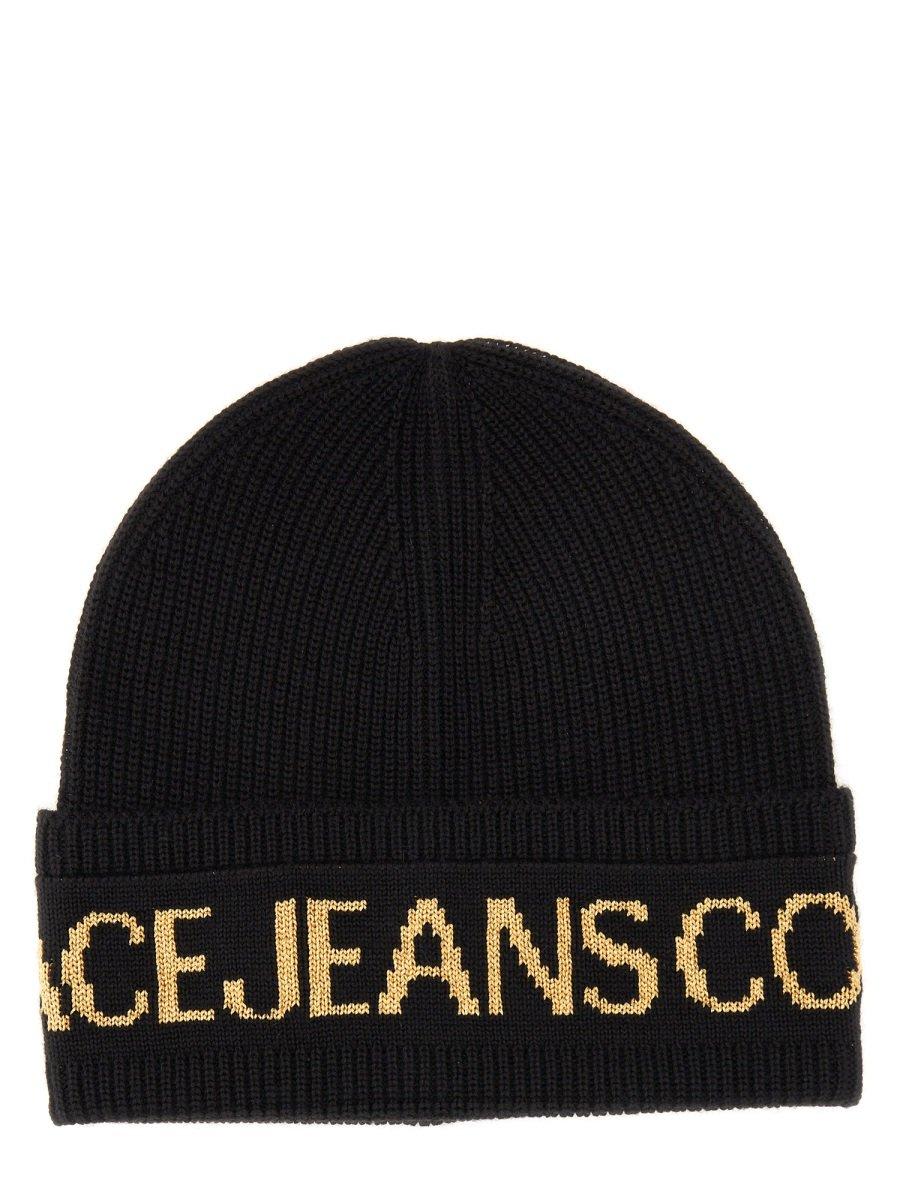 Shop Versace Jeans Couture Logo Intarsia-knit Beanie  In Black