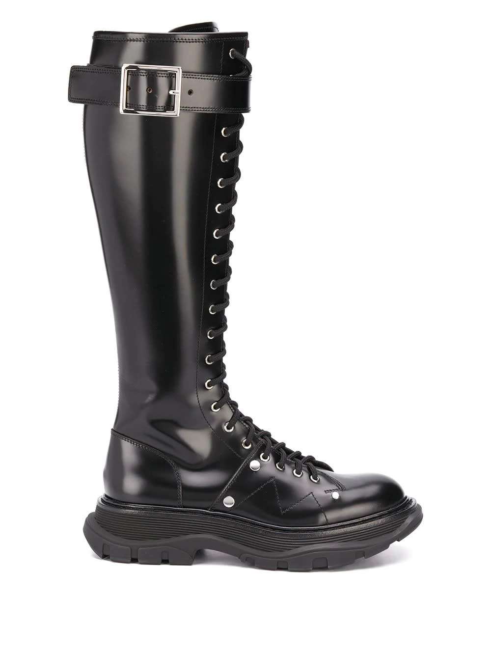 Buy Alexander McQueen Woman Black Boot With Laces And Tread Sole online, shop Alexander McQueen shoes with free shipping