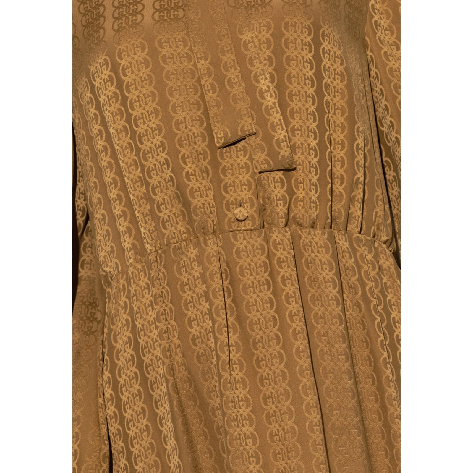 Shop Gucci Silk Logo Midi Dress In Brown