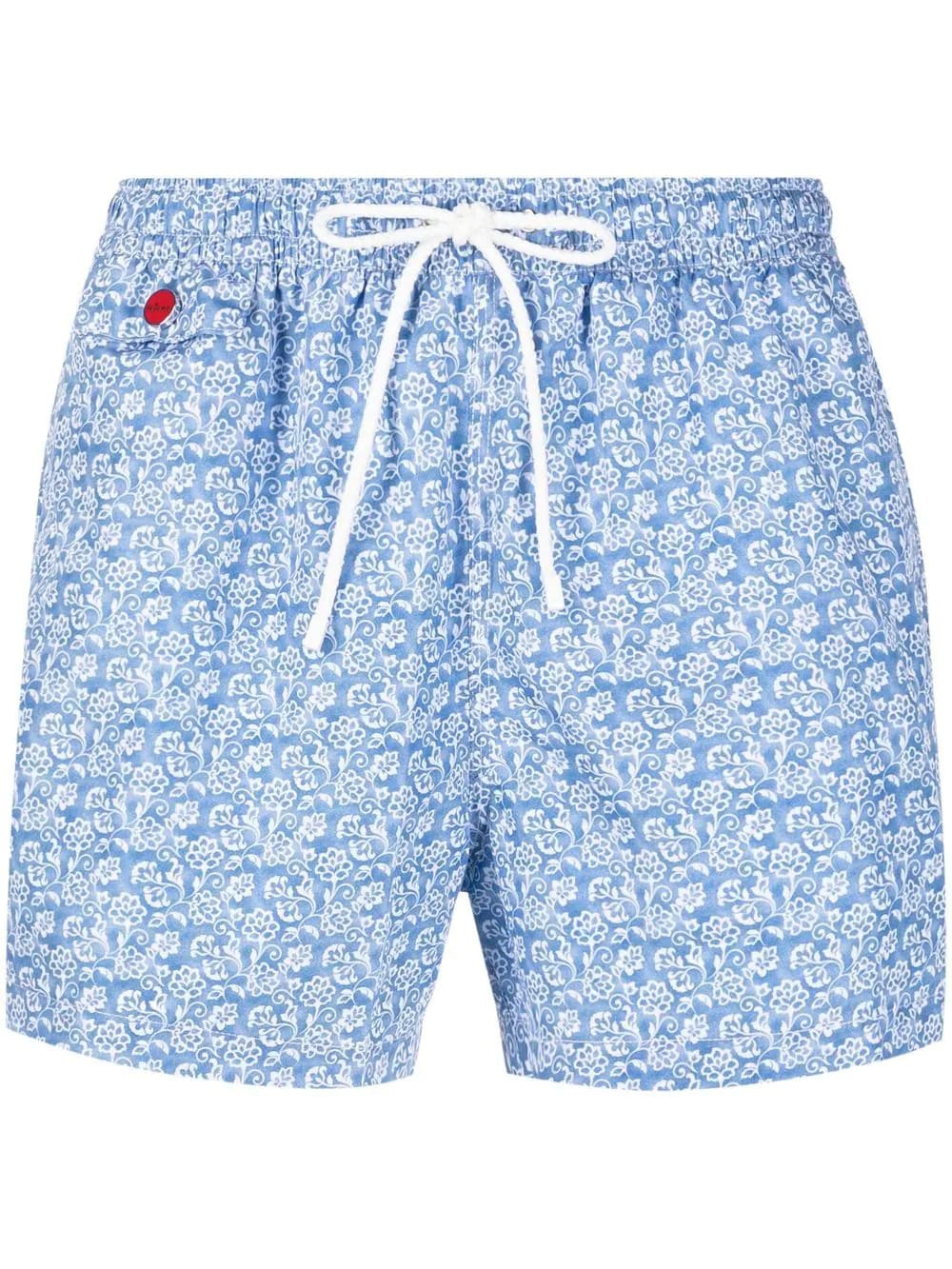 KITON LIGHT BLUE SWIM SHORTS WITH WHITE FLORAL PRINT