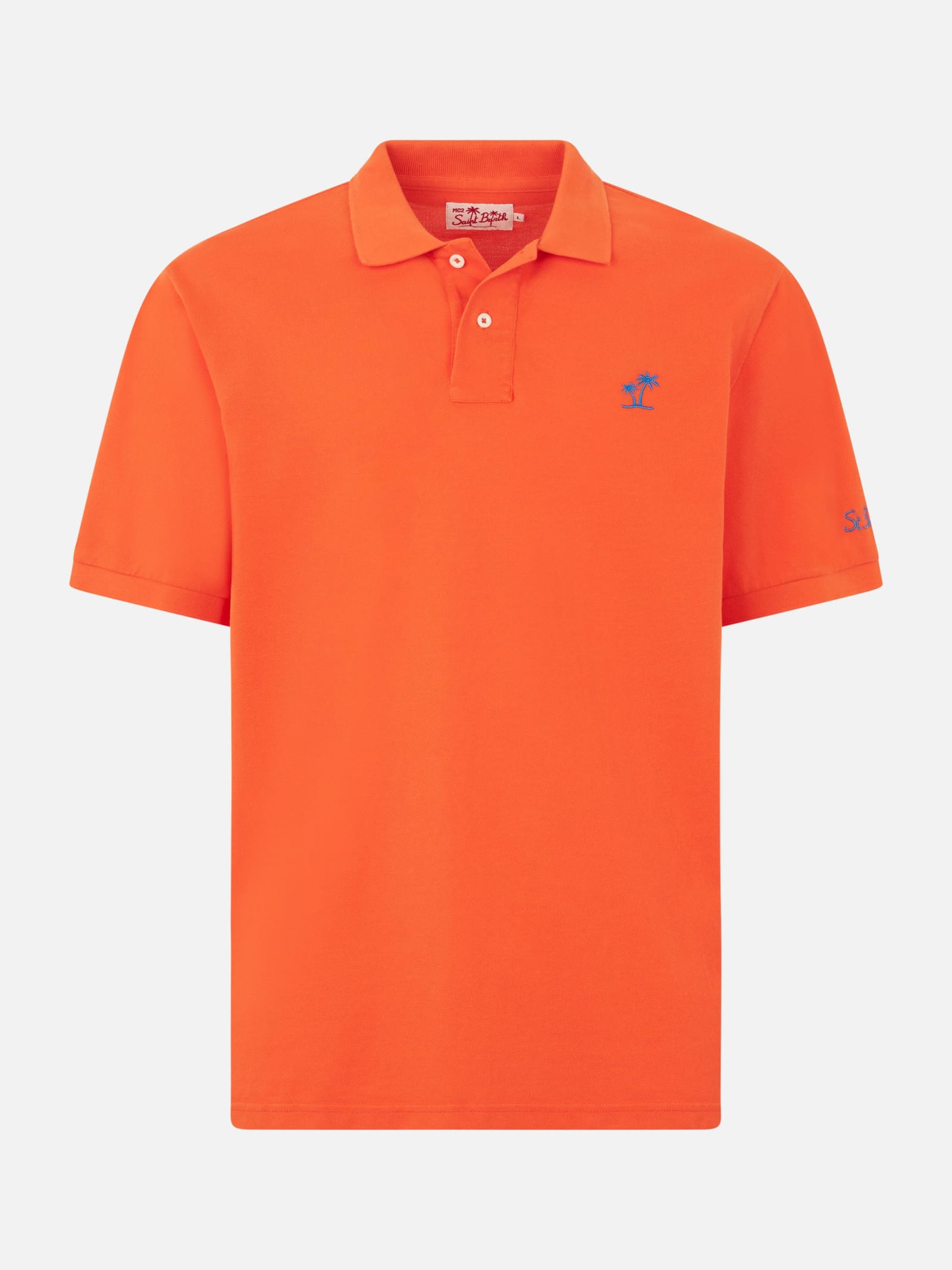 Mc2 Saint Barth Man Orange Piquet Polo With St. Barth Logo And Vintage Effect In Orange