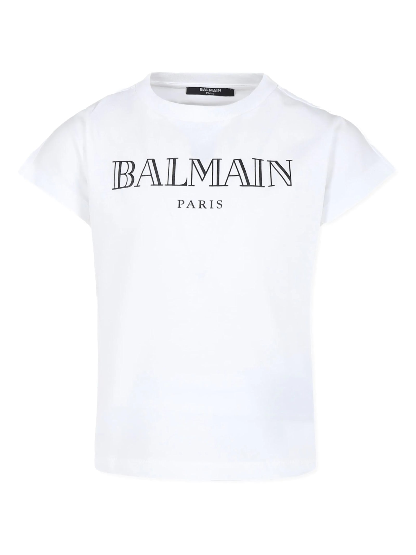 BALMAIN WHITE T-SHIRT WITH ROMAN STYLE LOGO 