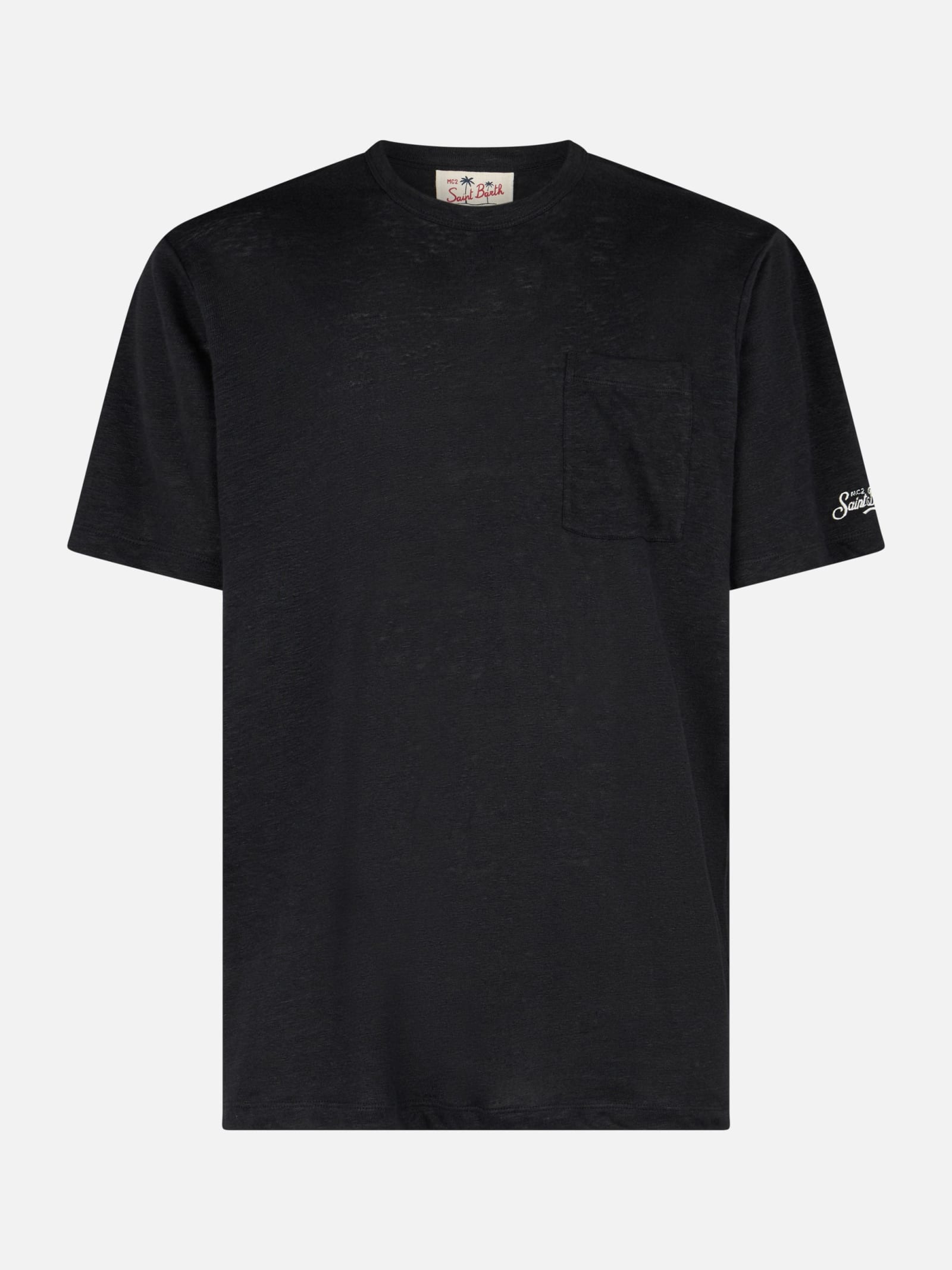 Shop Mc2 Saint Barth Man Black Linen Jersey T-shirt Ecstasea With Pocket