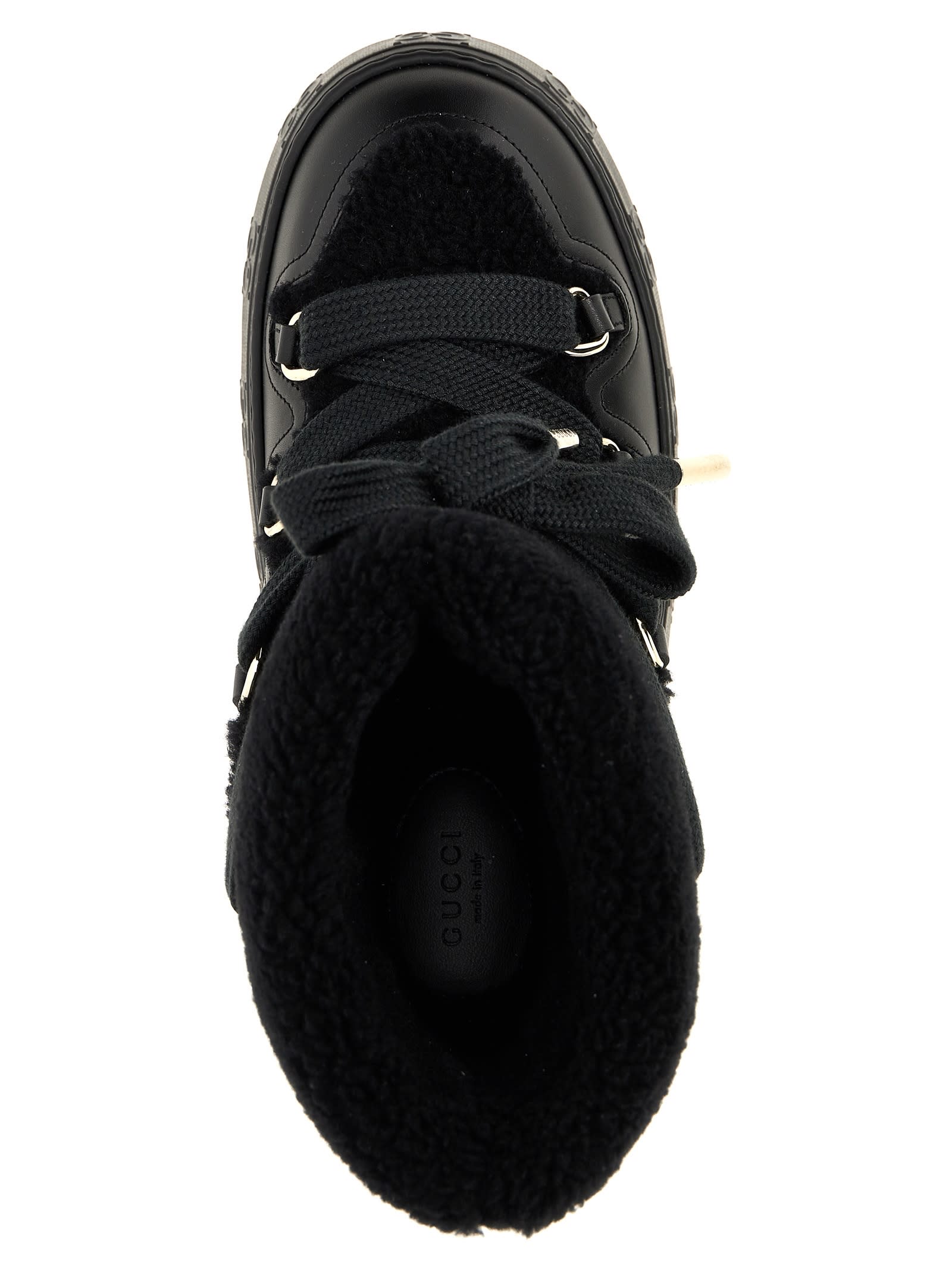 Gucci Shearling Trim Ankle Boots With Metal Eyelets In Black