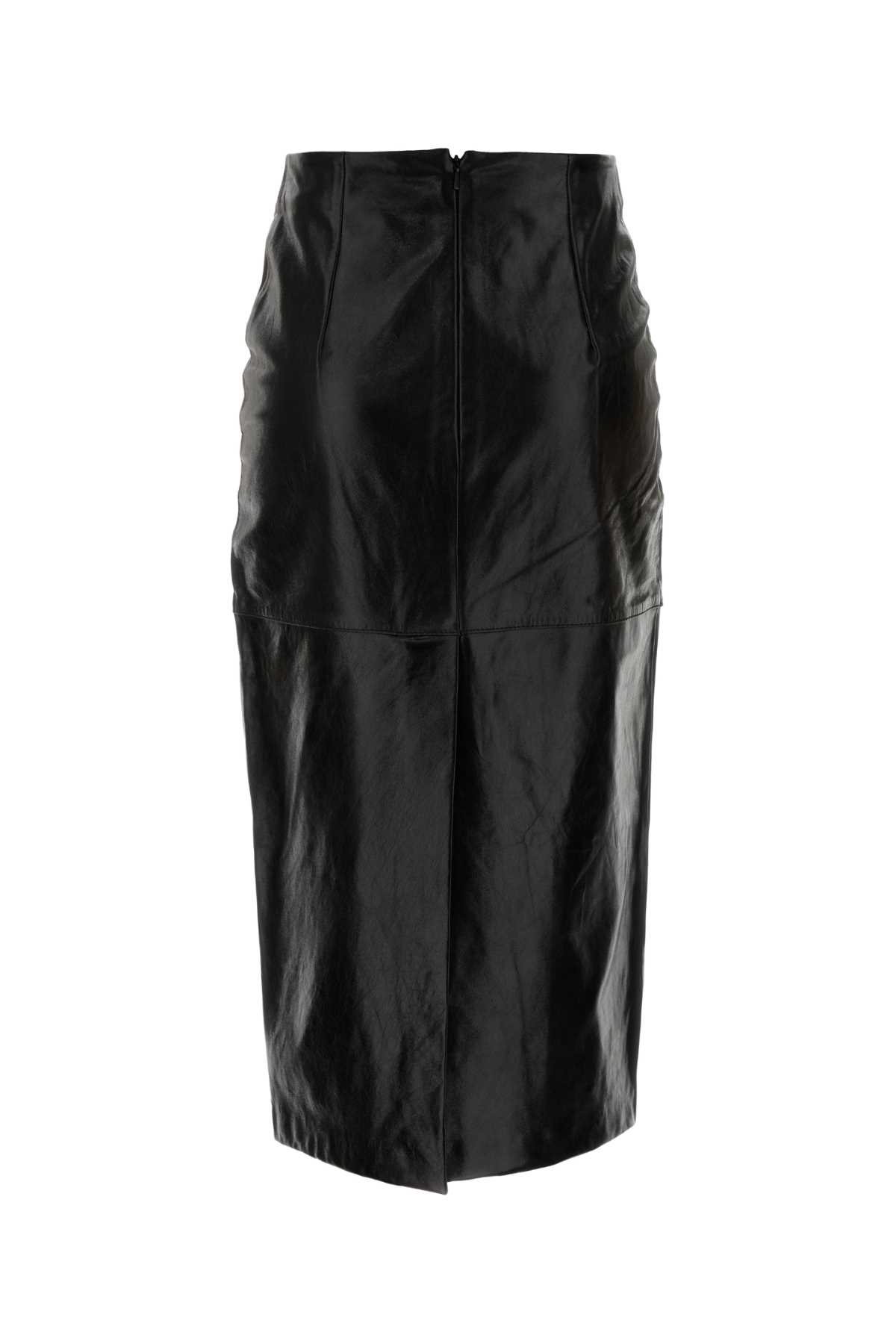 Sportmax High Waist Leather Midi Skirt With Slit In Black