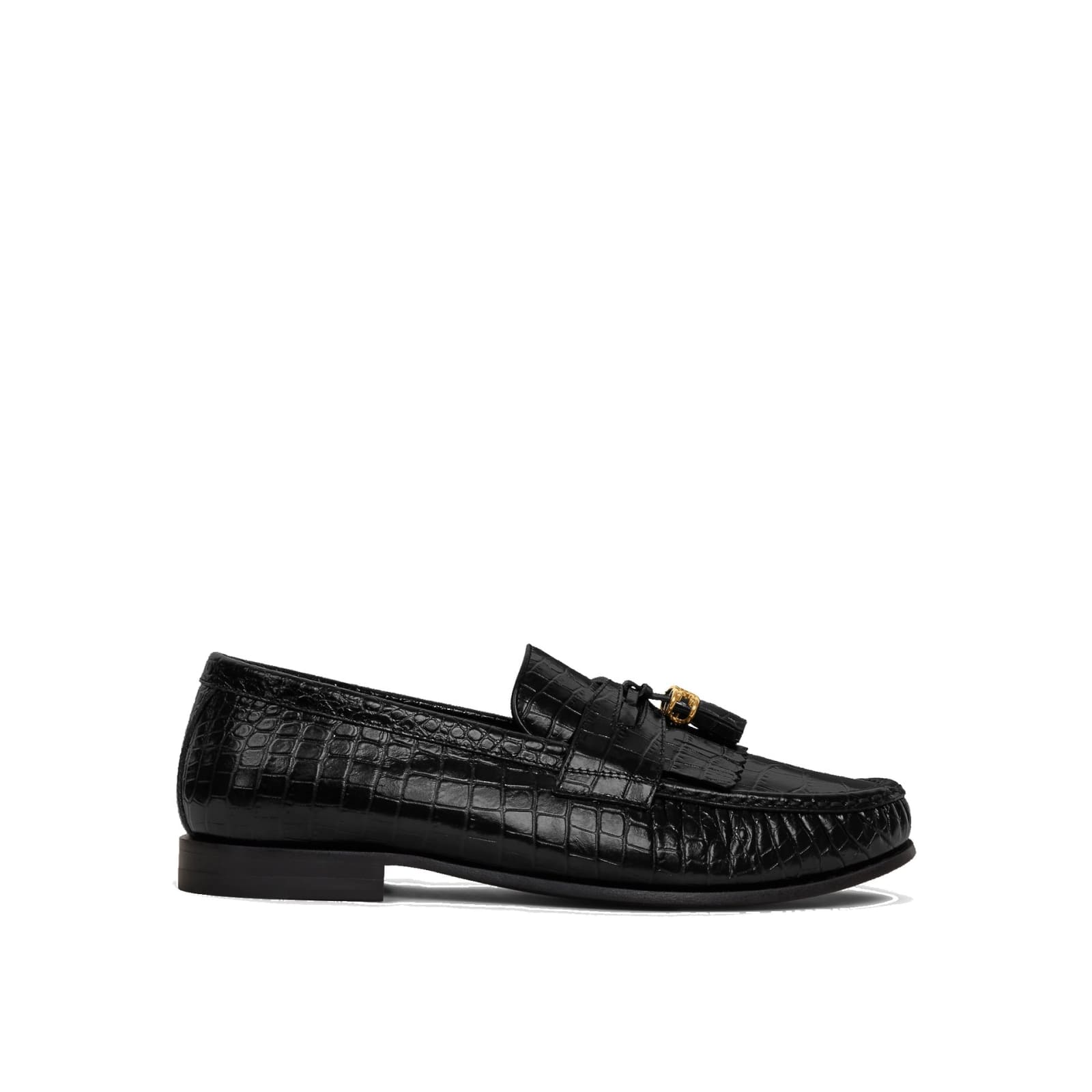 Shop Celine Triomphe Tassesl Croco Loafers In Black