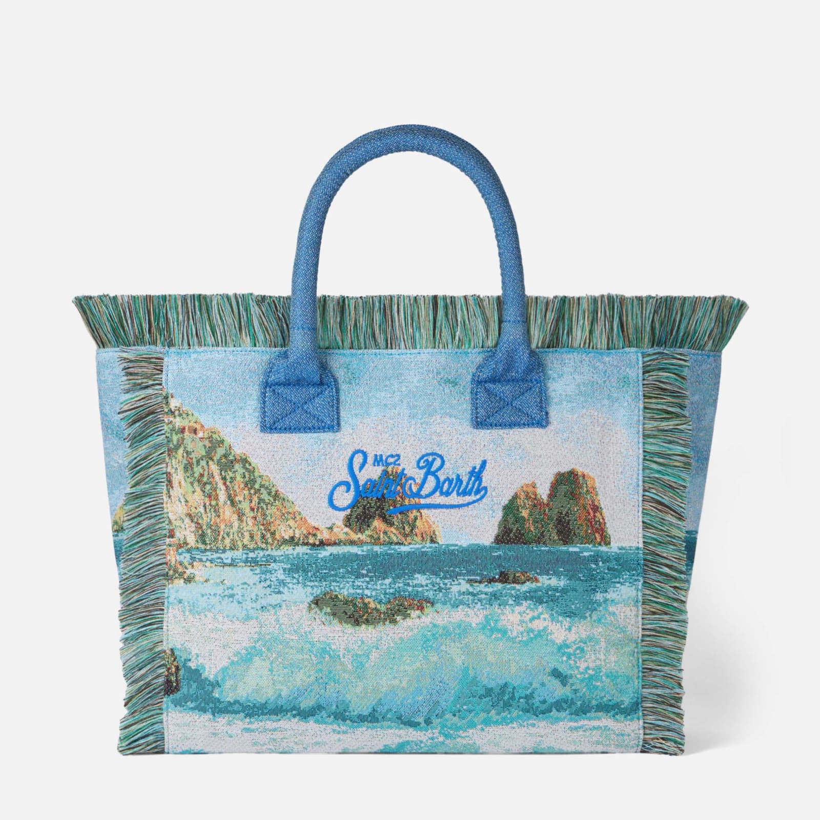 Shop Mc2 Saint Barth Vanity Gobelin Shoulder Bag With Capri Embroidery In Sky
