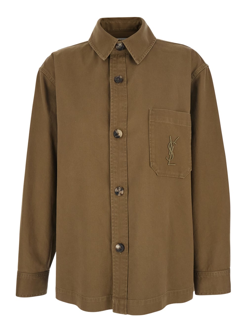 Saint Laurent Beige Shirt With Classic Collar And Cassandre Logo Embroidered On The Front In Cotton And Linen Gaba In Brown