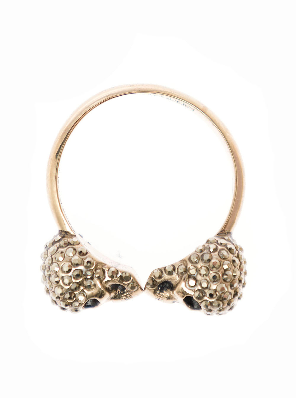 Alexander Mcqueen Womans Brass Twin Skull Ring With Crystals Applied