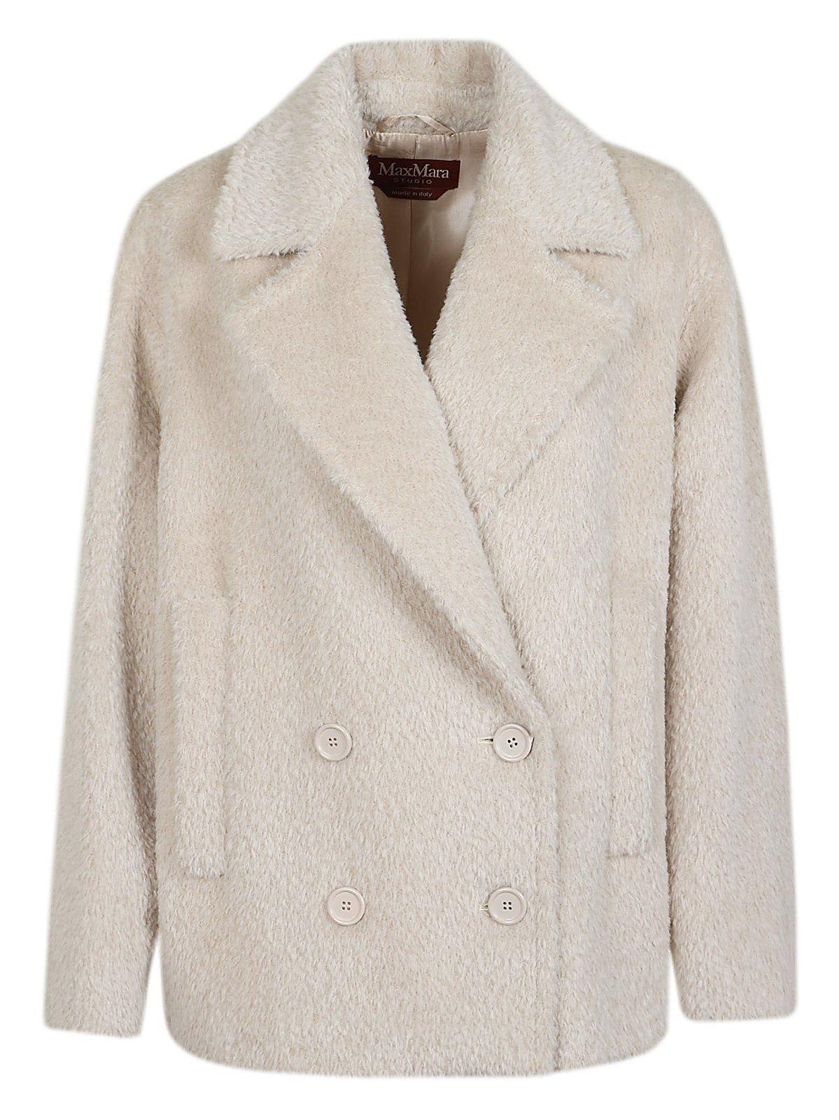 Shop Max Mara Double-breasted Long-sleeved Coat In Albino