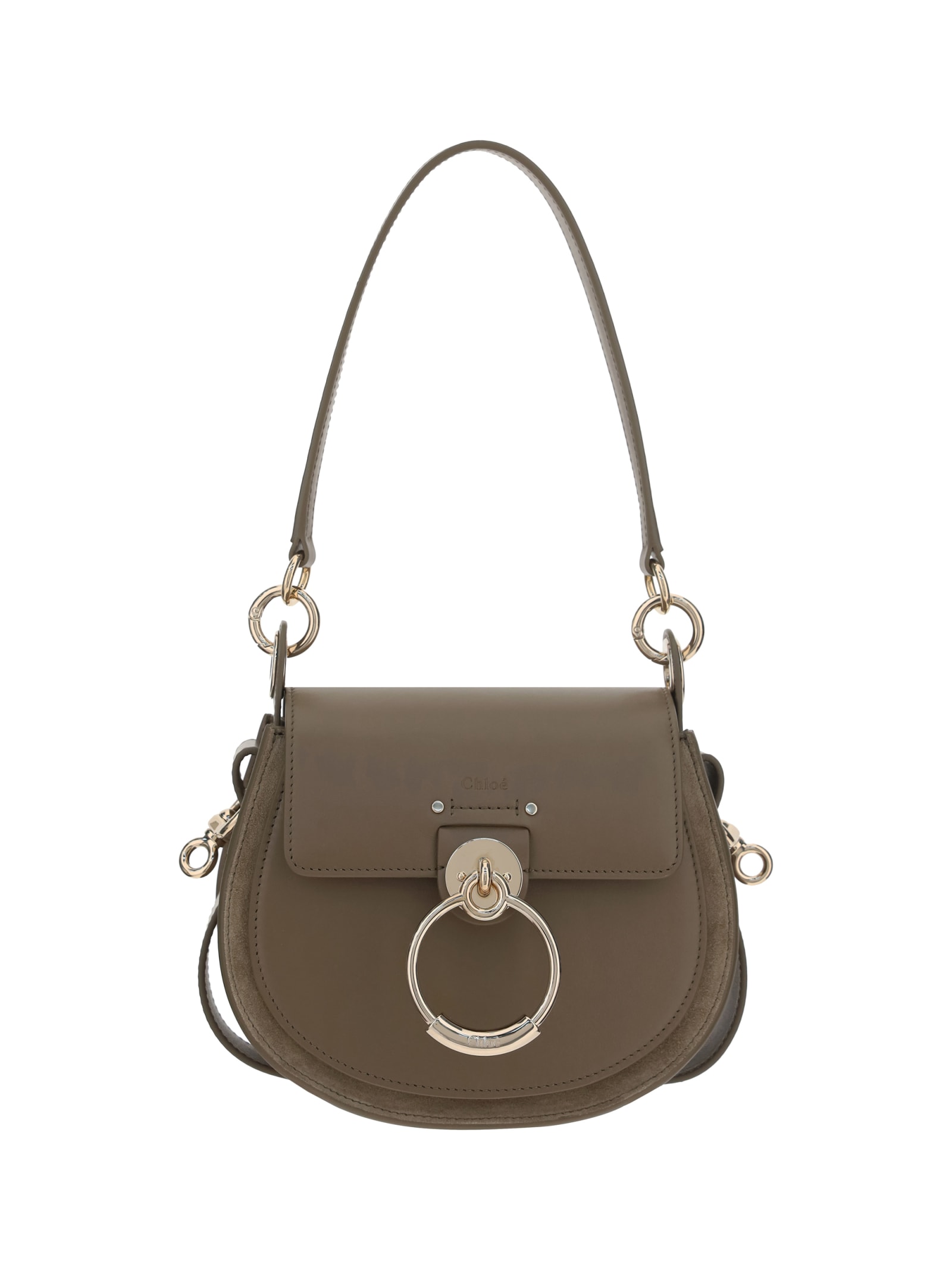 Chloé Tess Logo Embossed Ring Embellished Shoulder Bag In Deep Khaki