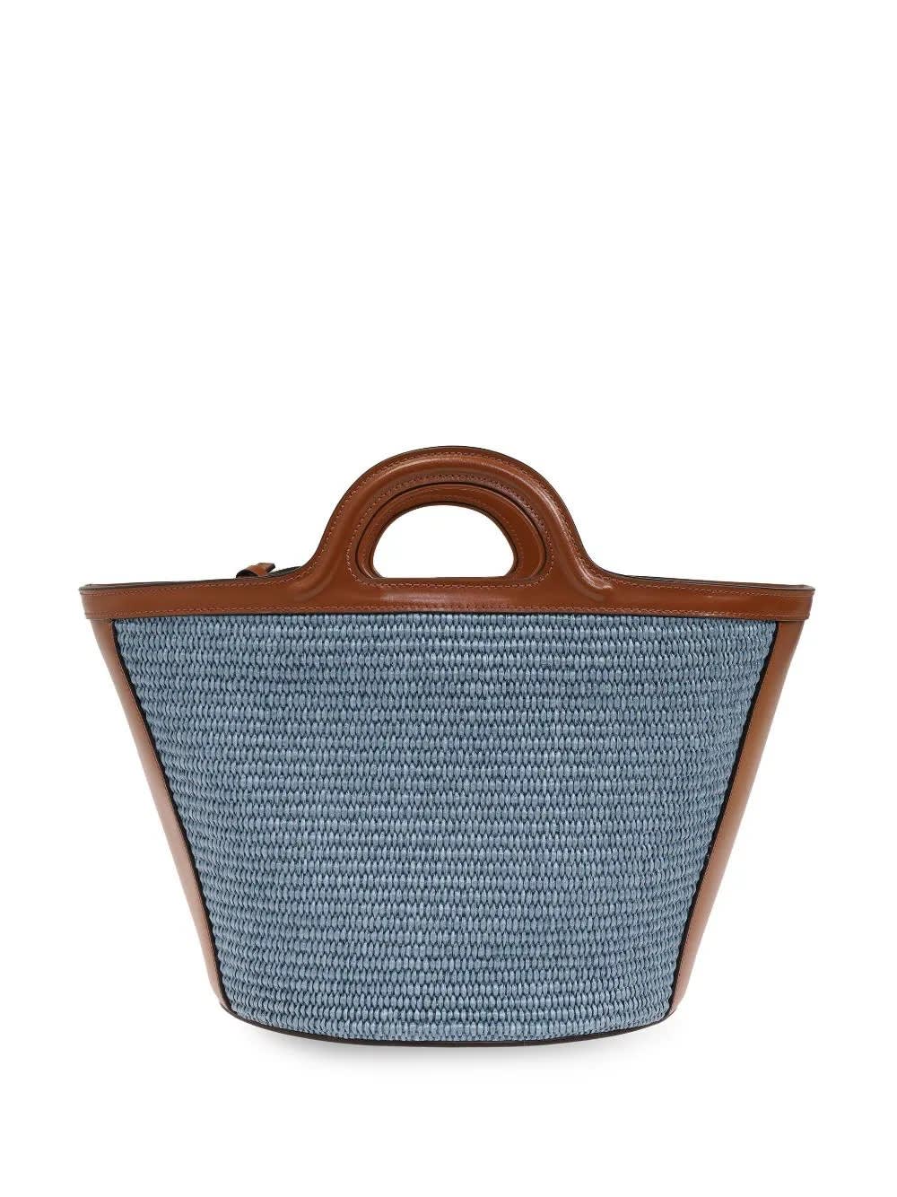 Shop Marni Small Tropicalia Summer Bag In Brown Leather And Light Blue Raffia