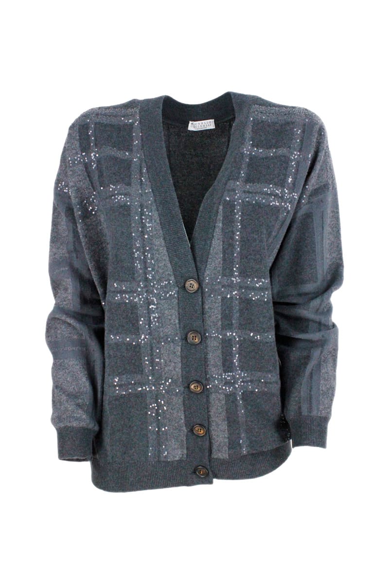 Brunello Cucinelli Cardigan Sweater In Cashmere Wool And Silk With Sequins And Particular Three-dimensional Effect Processing