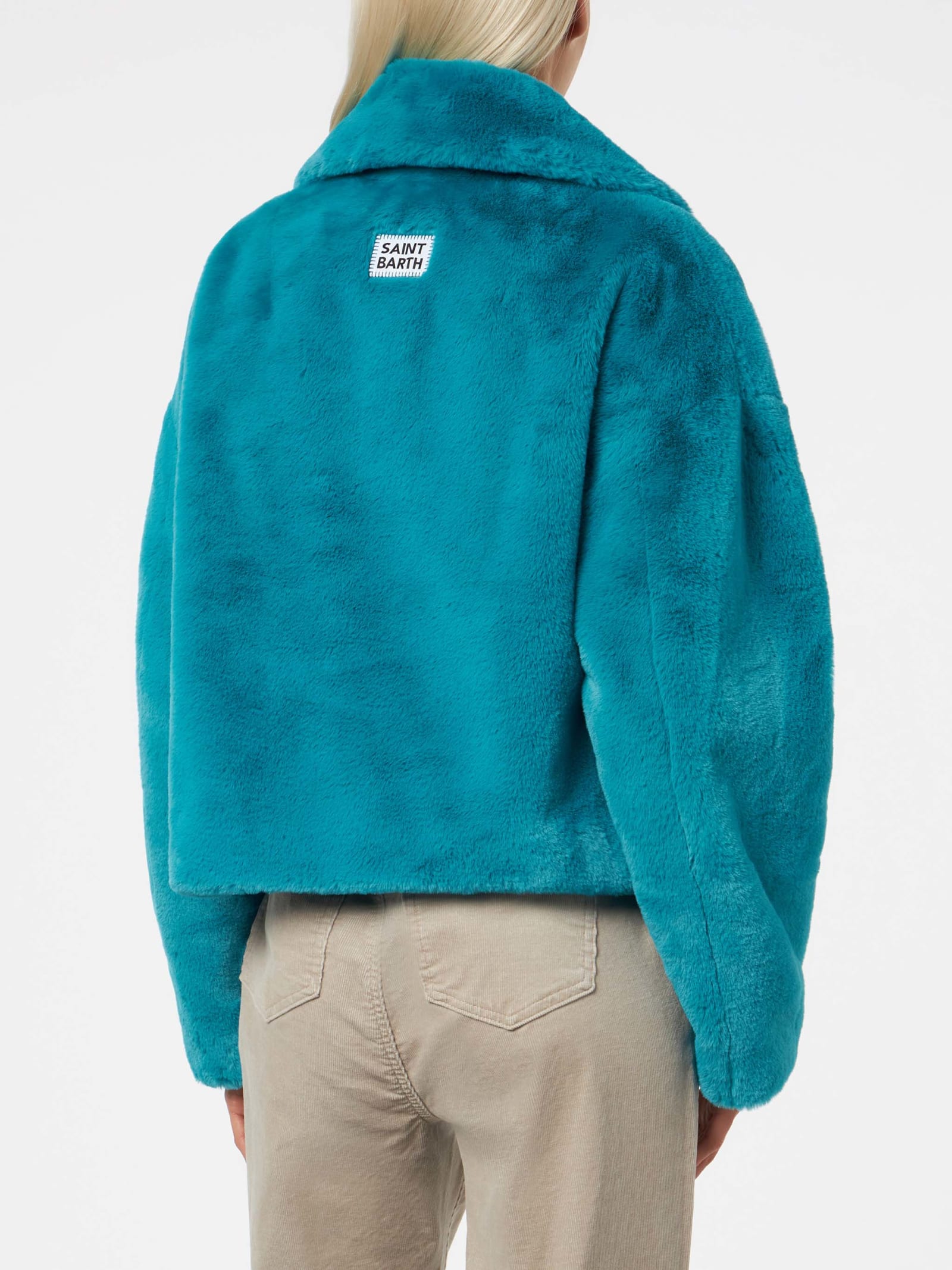 Mc2 Saint Barth Woman Furry Short Teal Jacket In Blue