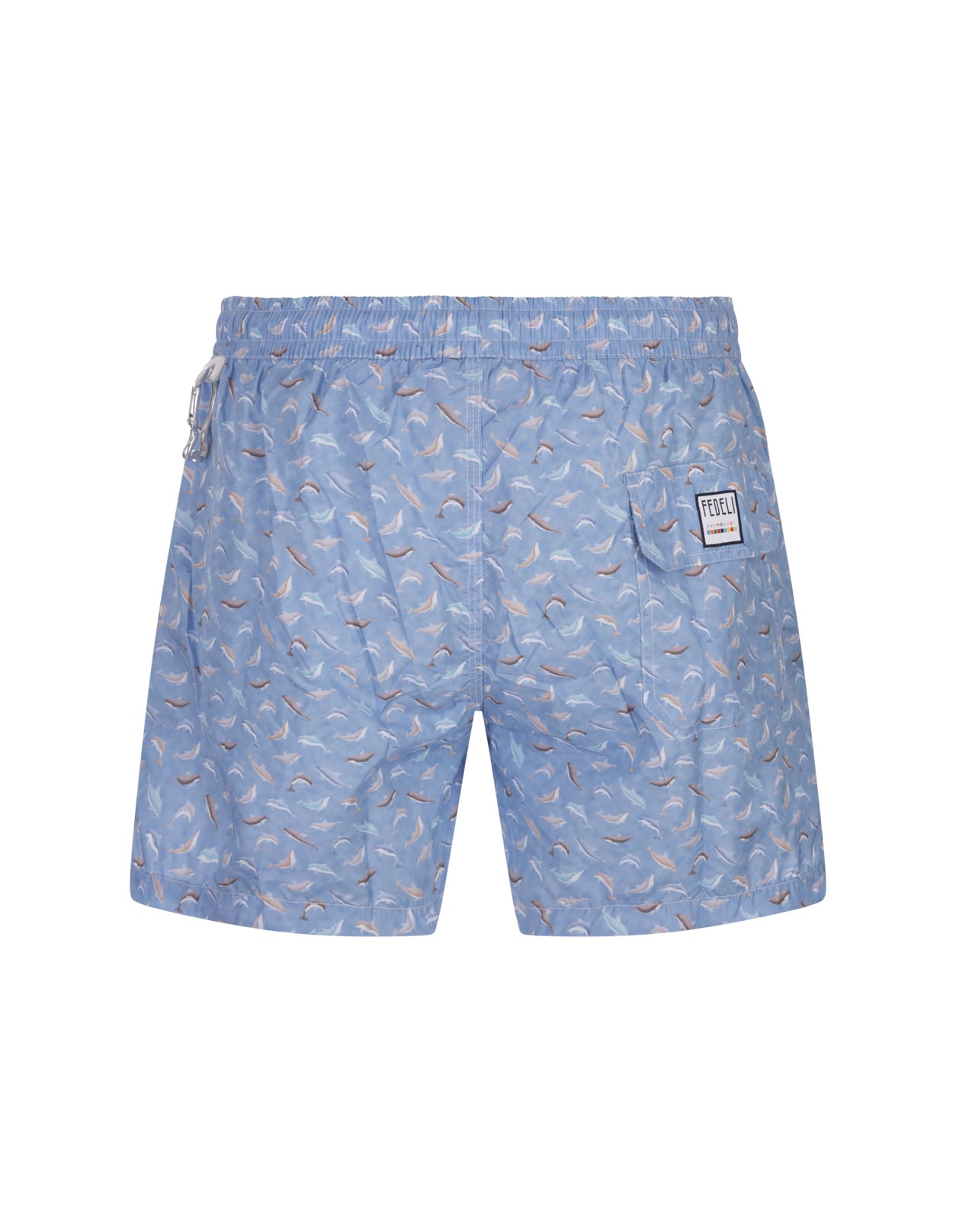 Shop Fedeli Light Blue Swim Shorts With Dolphin Pattern