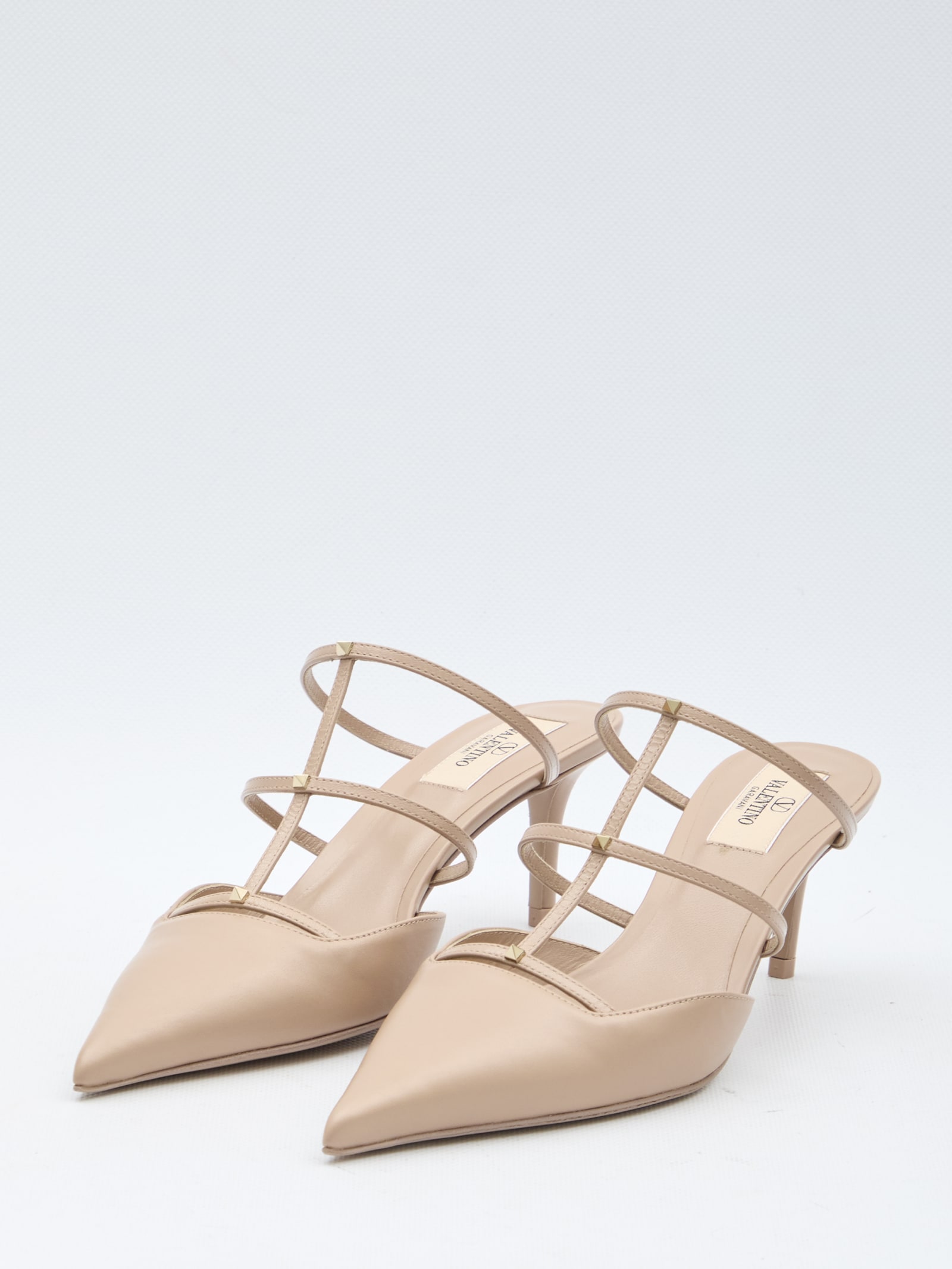 Shop Valentino Rockstud Wispy Mules In Beige