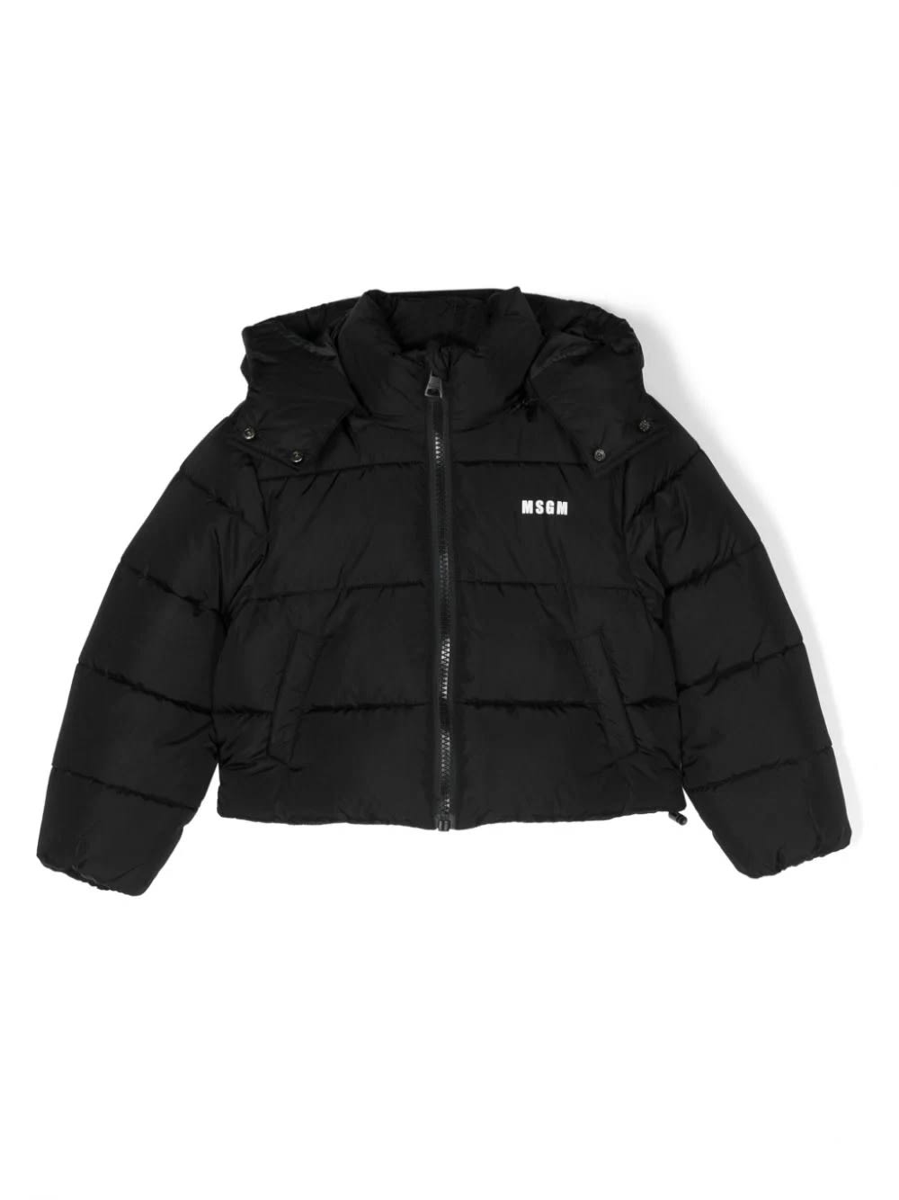 MSGM BLACK PUFFER JACKET WITH LOGO AND STAR