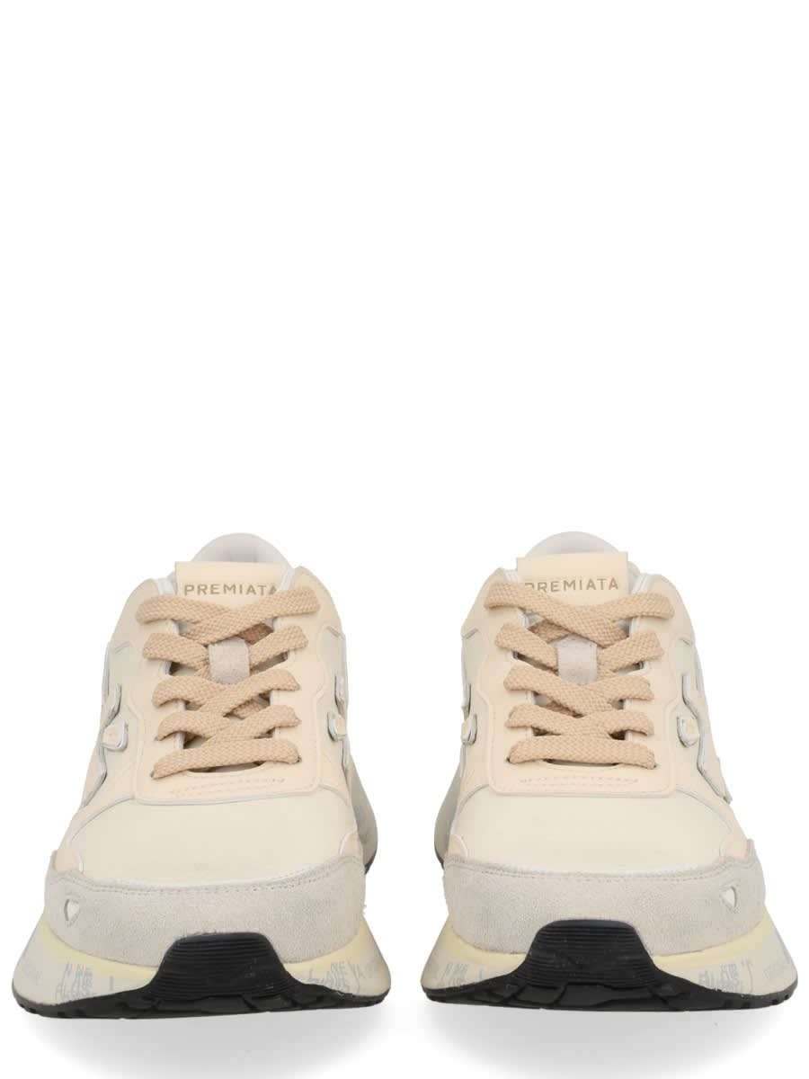 Premiata Light Beige Calf Leather Low-top Sneakers With Metallic Accents In Multi