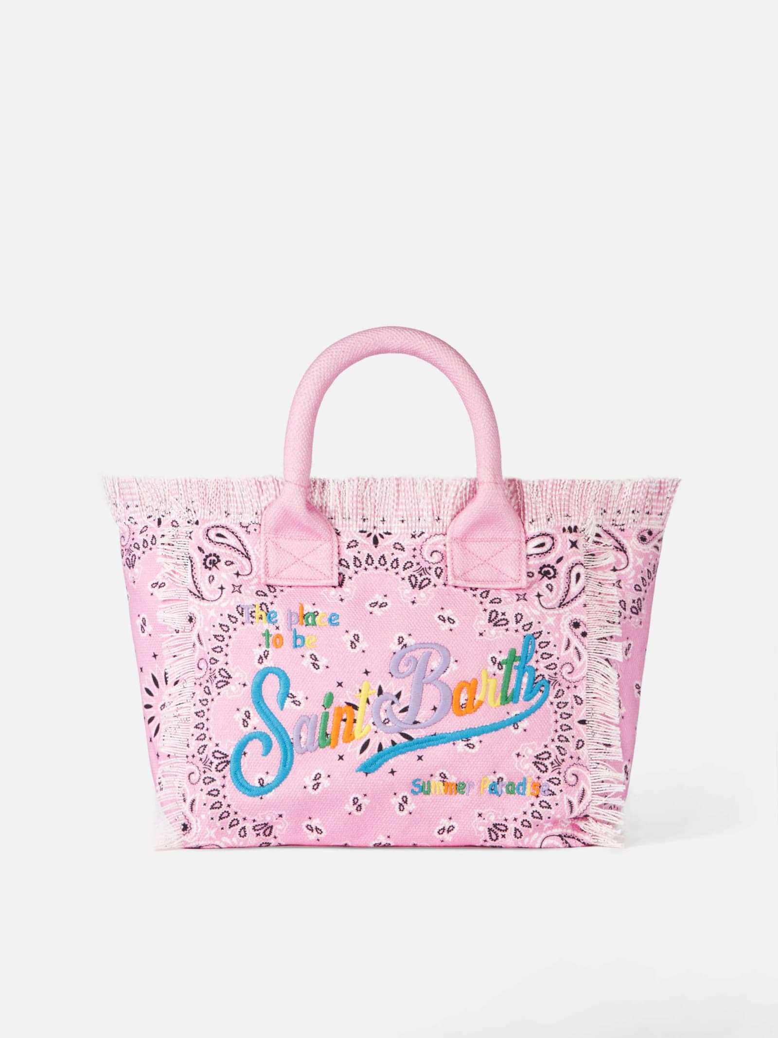 Mc2 Saint Barth Colette Pink Cotton Canvas Handbag With Bandanna Print