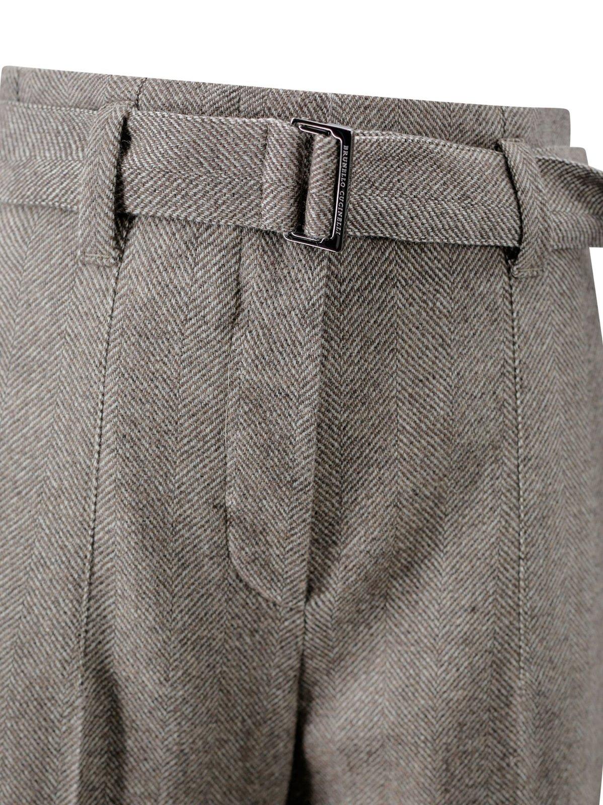 Shop Brunello Cucinelli Chevron Loose Fit Belted Trousers In Brown