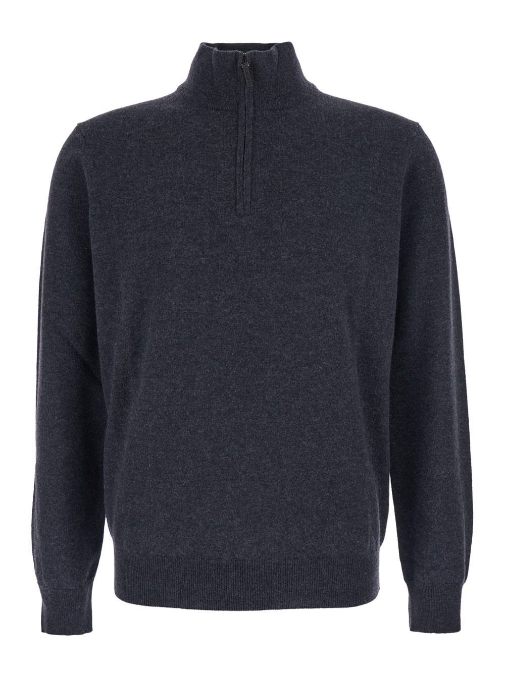 Kangra Cashmere Grey Ribbed Knit Sweater With High Neck And Half Zip Closure In Wool Man In Gray