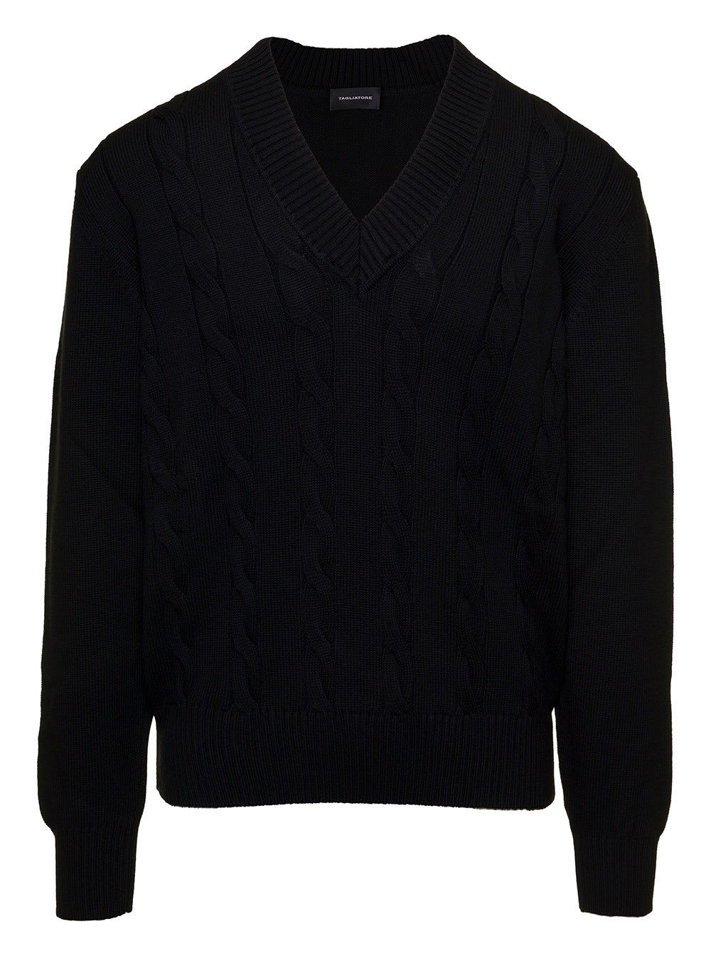 Black V Neck Cable Knit Sweater In Wool Man Tagliatore