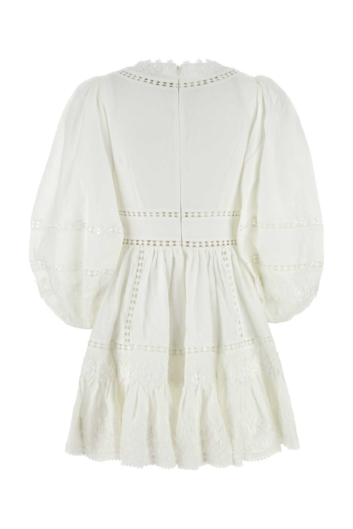 Shop Zimmermann White Linen Pop Trimmed Mini Dress In Ivory