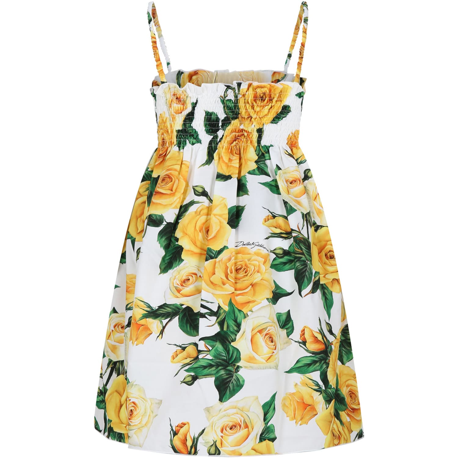 Shop Dolce & Gabbana White Casual Dress For Girl With Flowering Pattern In Multicolor