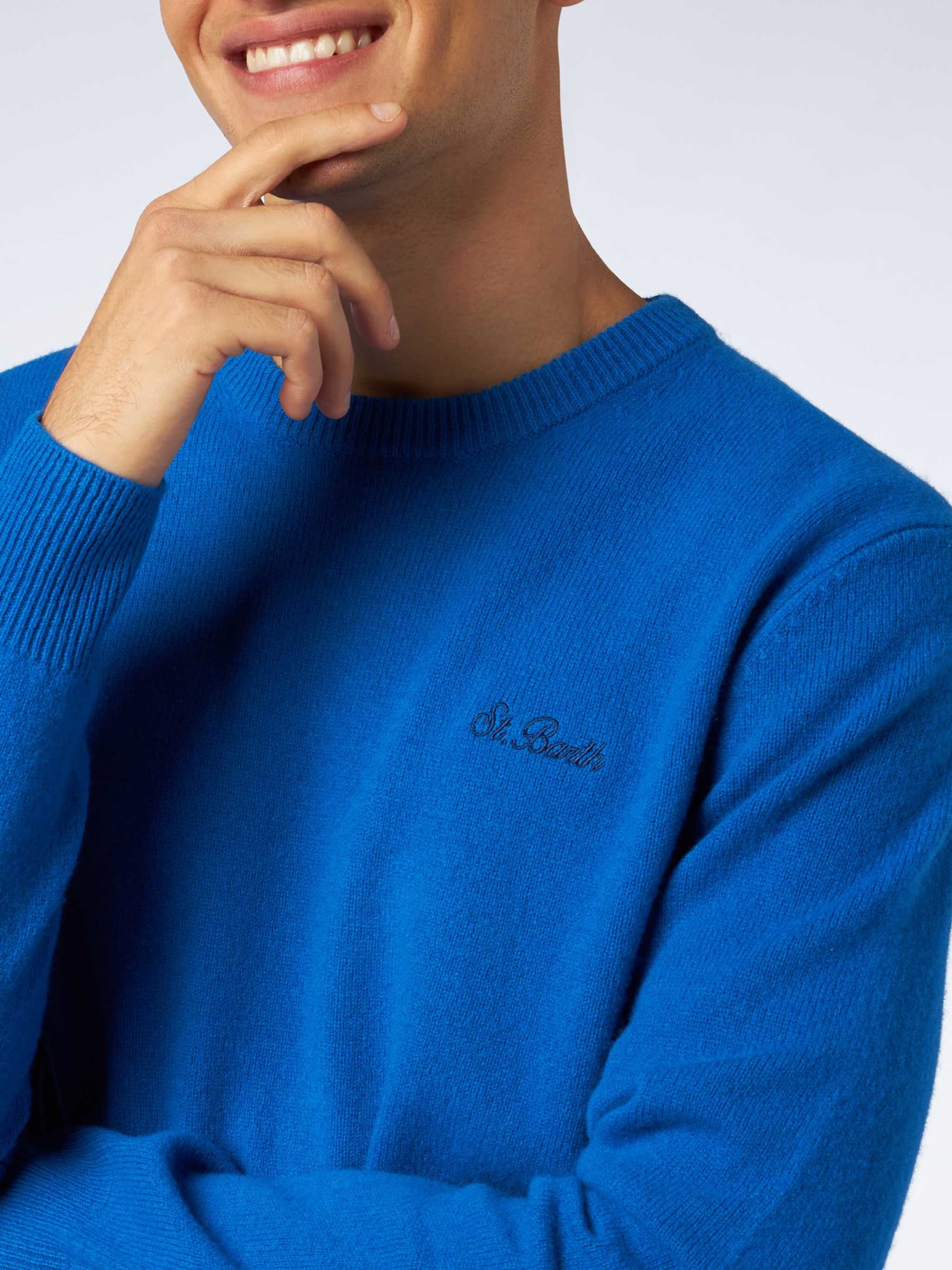 Mc2 Saint Barth Man Crewneck Bluette Sweater With St. Barth Embroidery In Blue