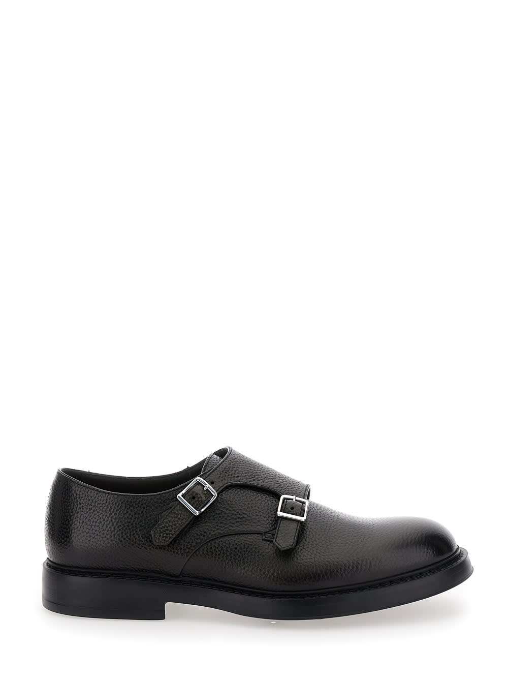 Black Monks Shoes With Double Buckle In Hammered Leather Man