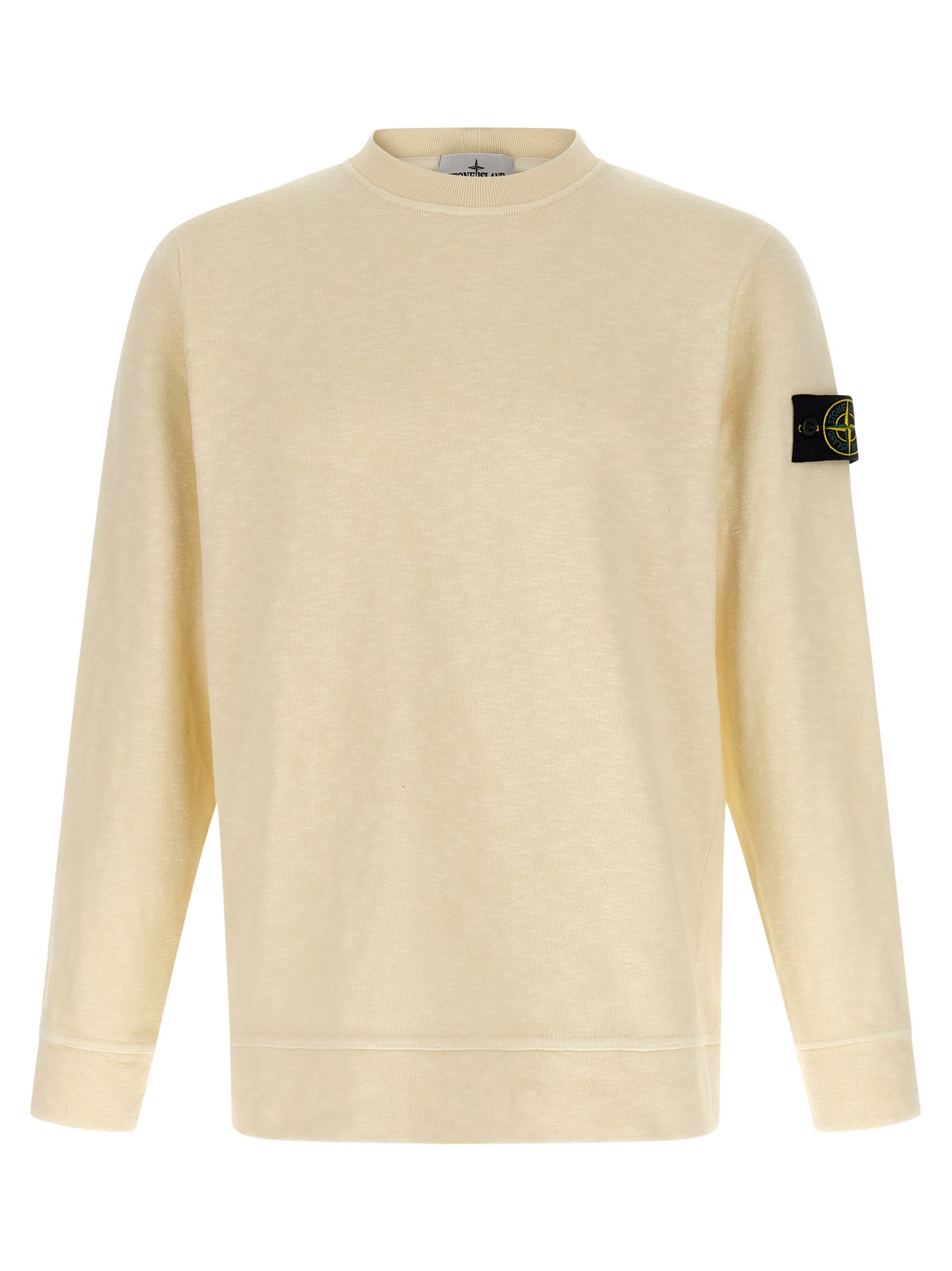 Stone Island Off White Crewneck Logo Sweatshirt In Nude