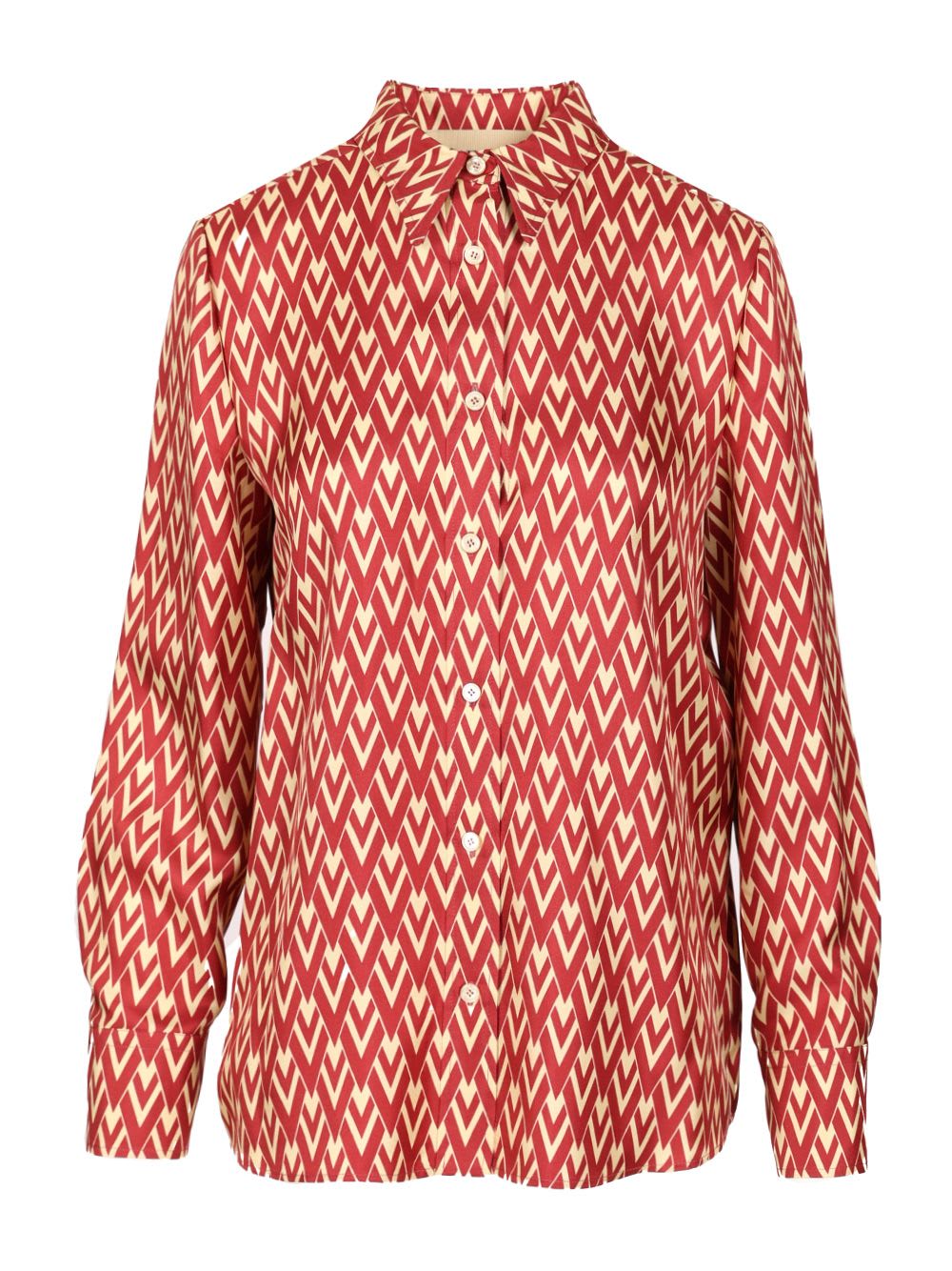 Valentino Geometric Print Collared Long Sleeve Shirt In Red