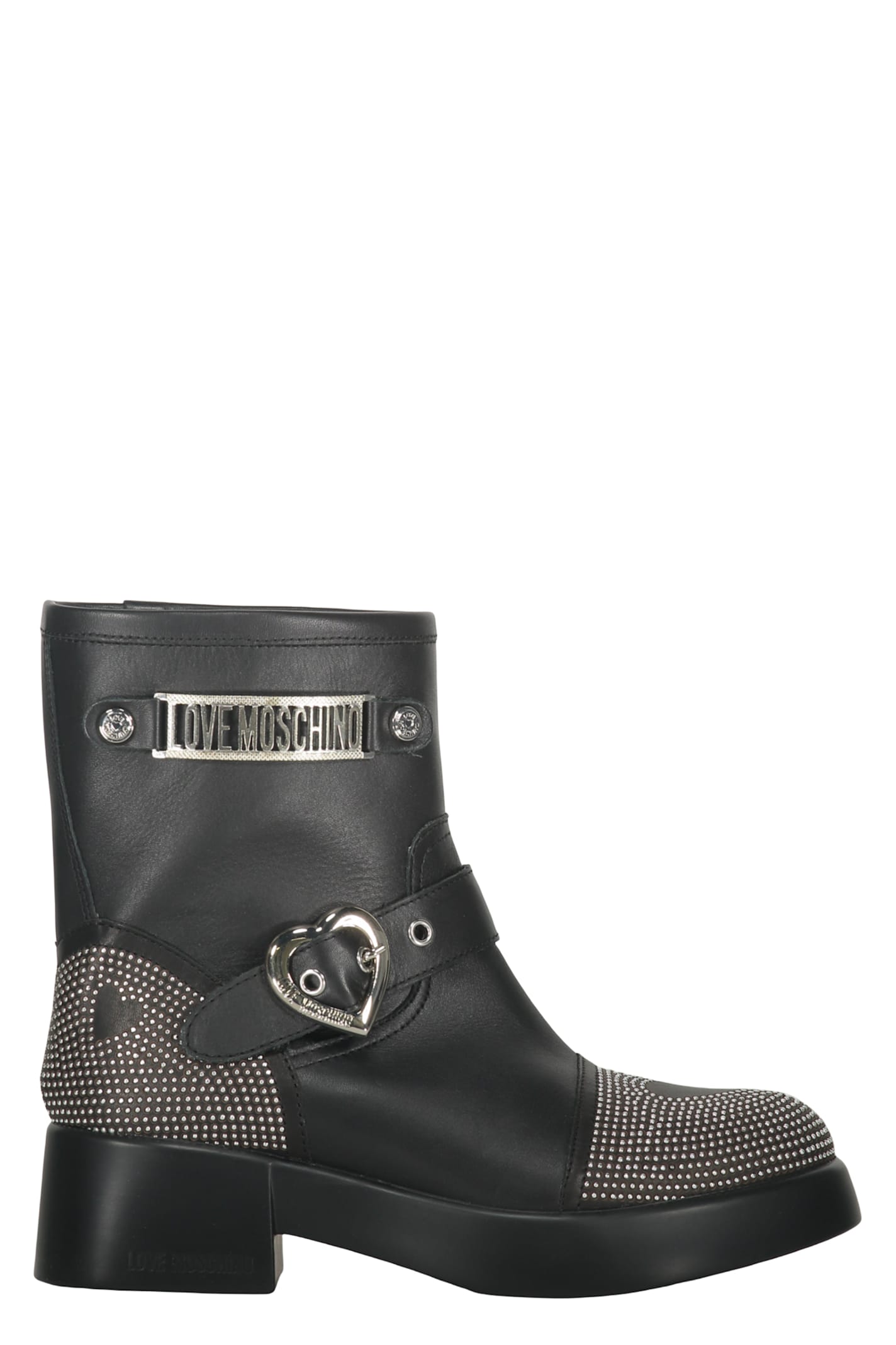 Moschino Buckle-detailed Studded Ankle Boots In Black