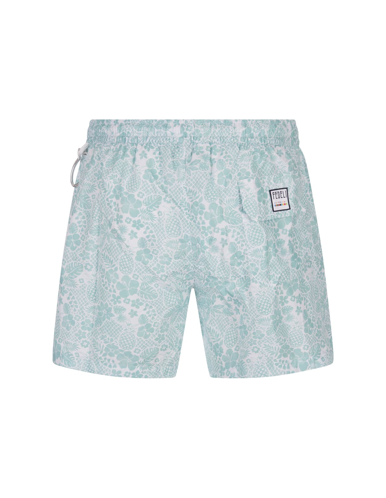 Shop Fedeli Aqua Green Swim Shorts With Tropical Pattern