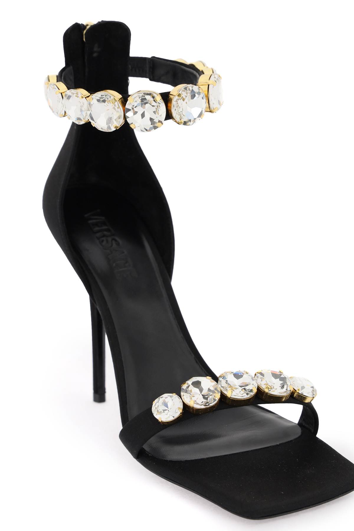 Shop Versace Satin Sandals With Crystals In Nero