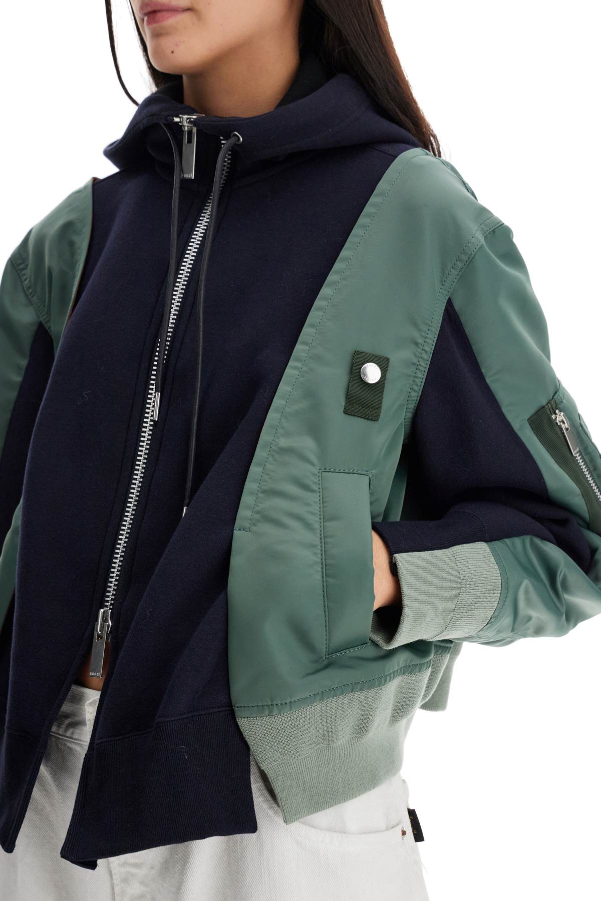 Shop Sacai Hybrid Sweatshirt With Zip And Hood In Navy×b/khaki (blue)