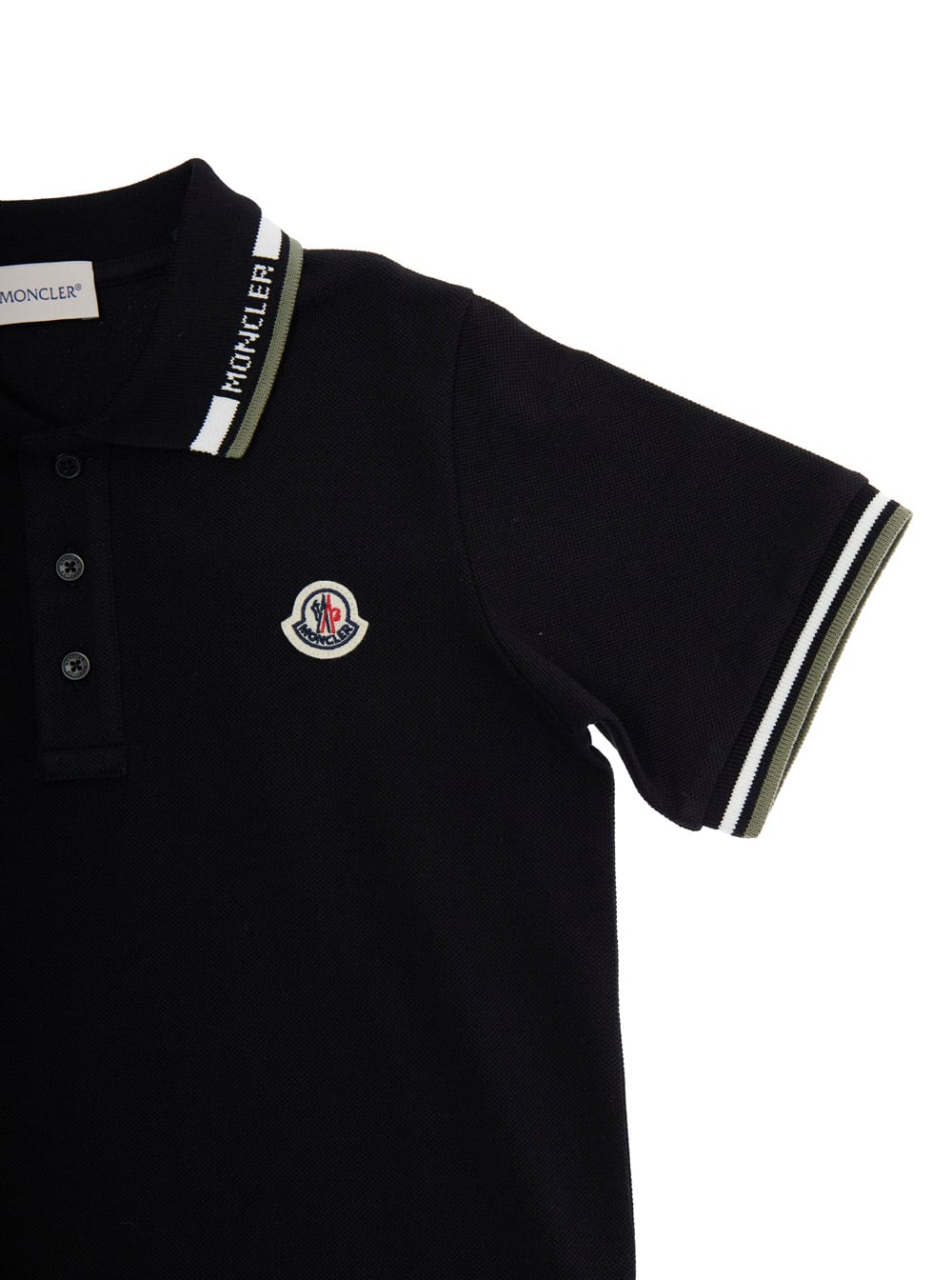 Moncler Black Polo Shirt With Bicolor Collar And Logo Patch On The Front In Cotton Boy In Black