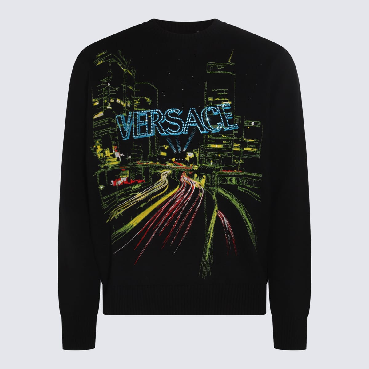 Shop Versace Black Virgin Wool City Lights Sweater