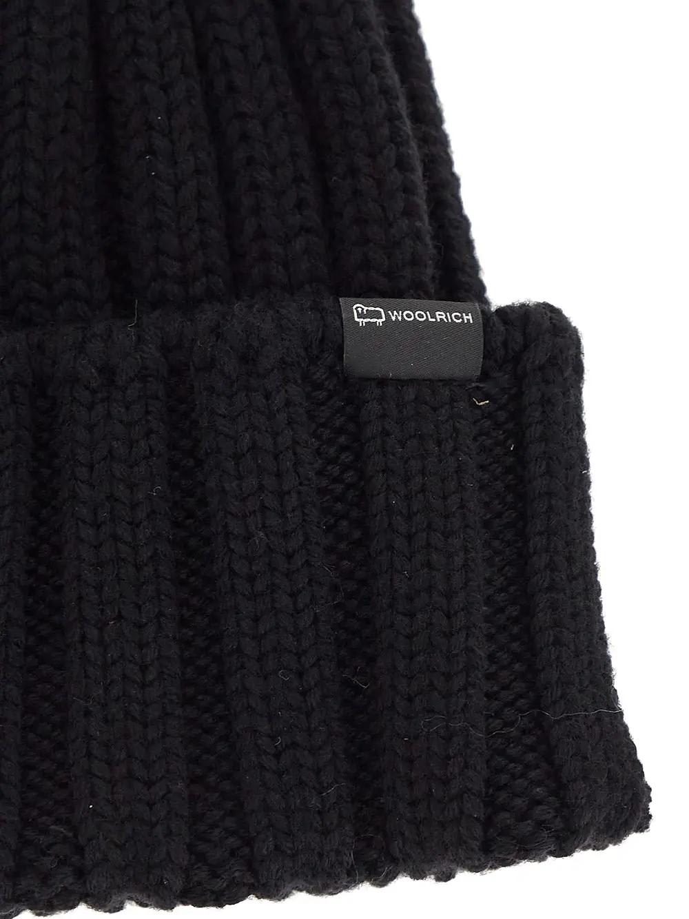 Woolrich Beanie Cashmere Pom Pom Wool Cap In Black