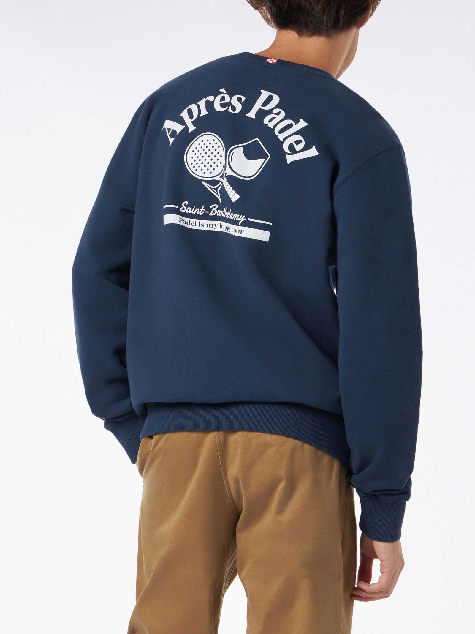 Shop Mc2 Saint Barth Man Crewneck Blue Sweatshirt With Après Padel Print