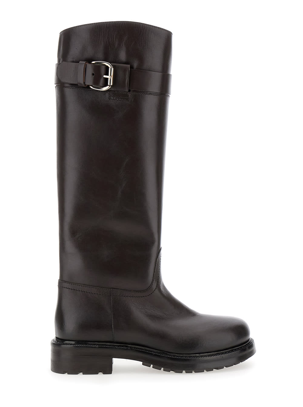 Brown Knee-high Boots With Buckle In Leather Woman